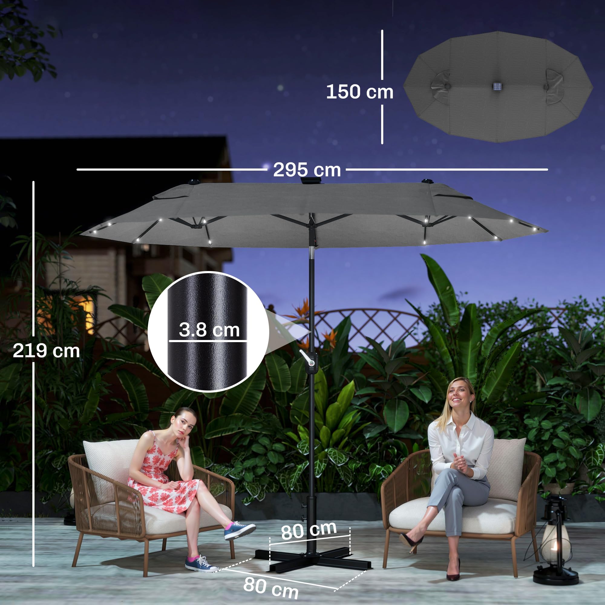Outsunny Ombrellone da Giardino Doppio Inclinabile 295x150cm LED Grigio | con Manovella, Base a Croce, Prese d'Aria, 12 Stecche in Acciaio e Poliestere, per Giardino Terrazza Balcone
