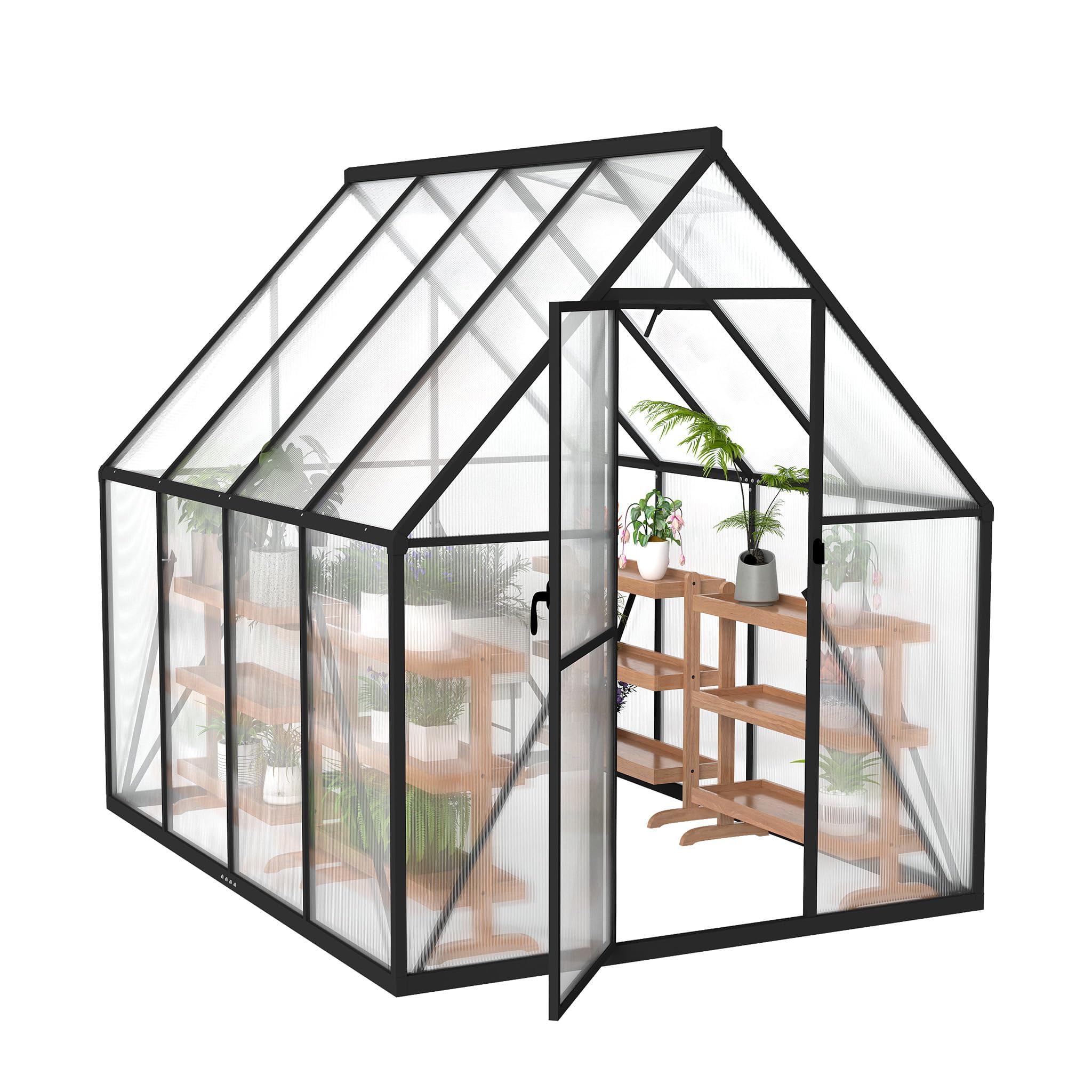 LZQ Gartengewächshaus Aluminium mit Fundament 230x180x195 cm Gewächshaus Pflanzenhaus mit Schiebetür und Dachfenster Treibhaus Gartenhaus Winterfest Aufzucht Tomatenhaus (6x8 ft)