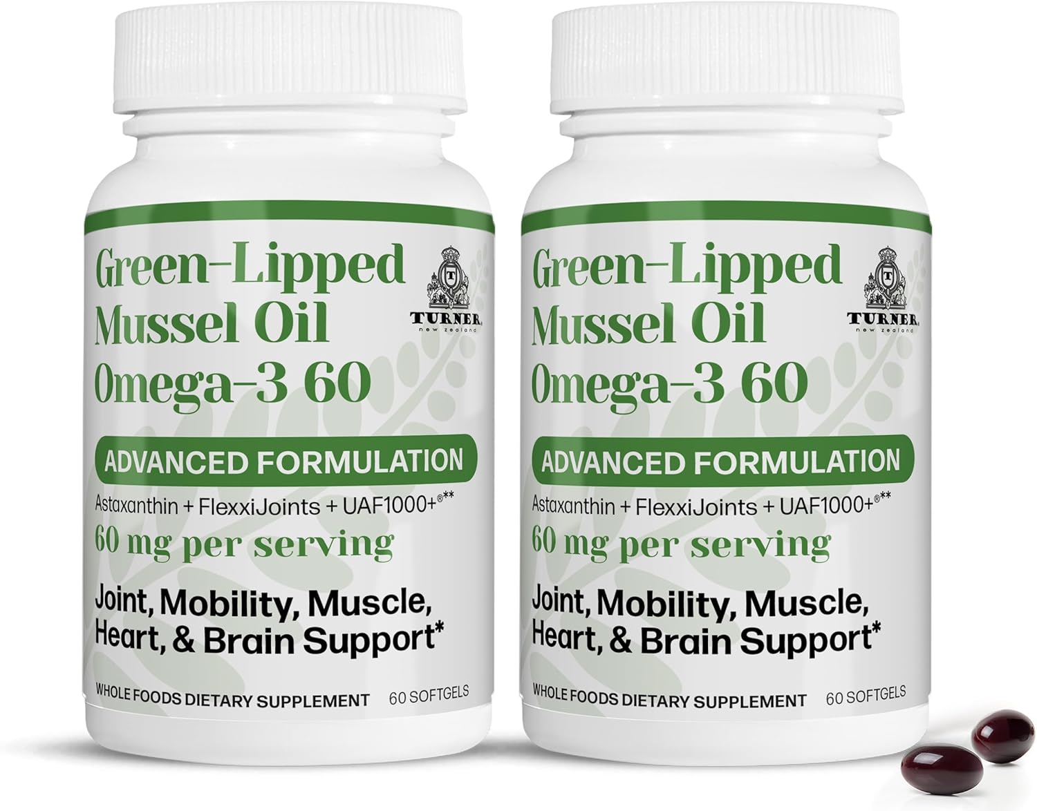 TURNER New Zealand Green Lipped Omega-3 Mussel Oil, 53x Higher Potency with UAF1000+ Super Antioxidant, No Fishy Aftertaste, 2 Bottles, 120 Softgels