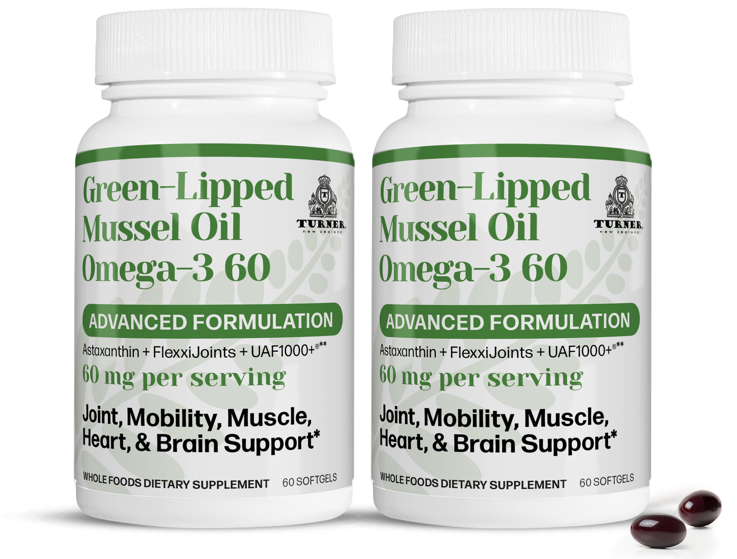 TURNER New Zealand Green Lipped Omega-3 Mussel Oil, 53x Higher Potency with UAF1000+ Super Antioxidant, No Fishy Aftertaste, 2 Bottles, 120 Softgels