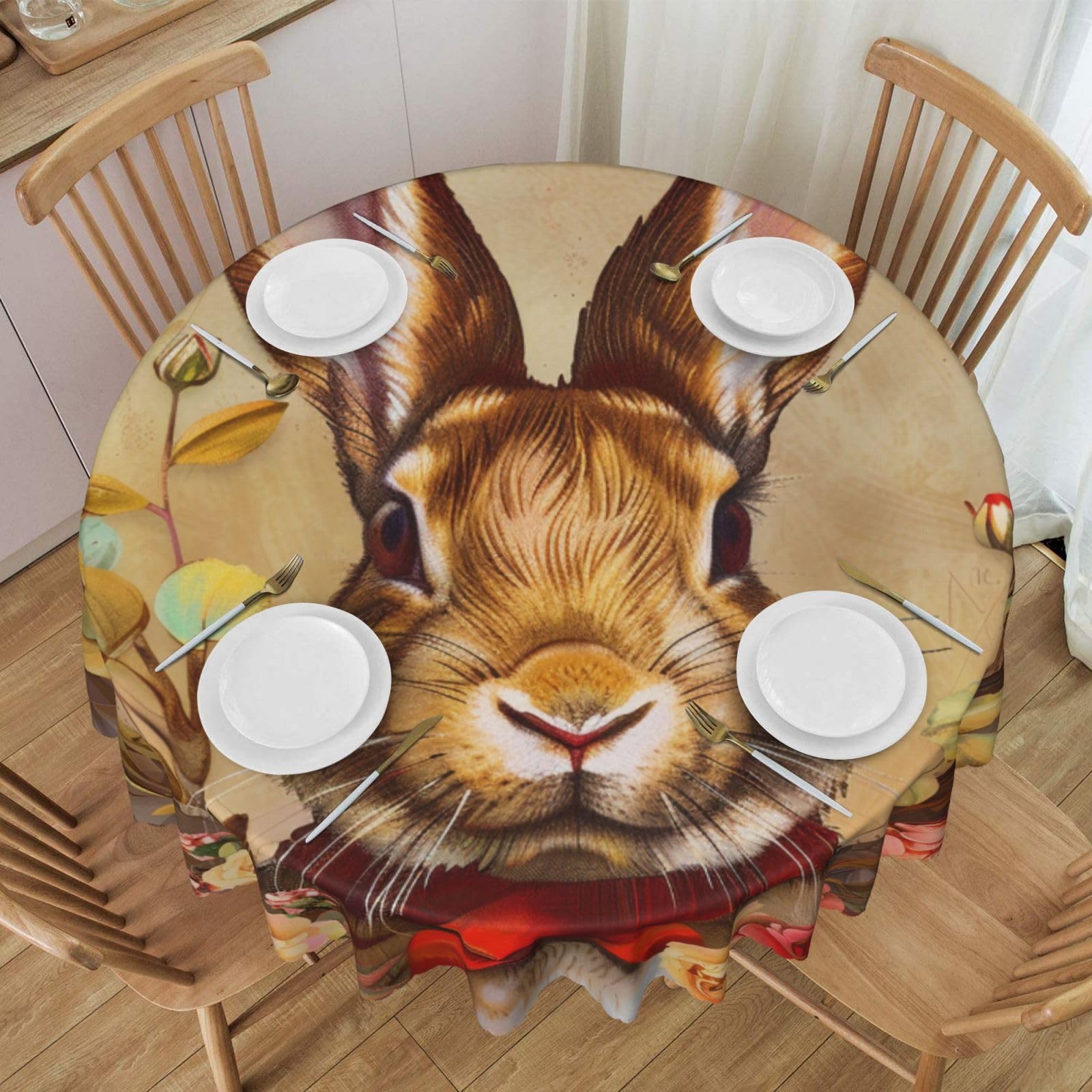 Nappe ronde imprimée lapin lavable 152 cm pour table de salle à manger et cuisine