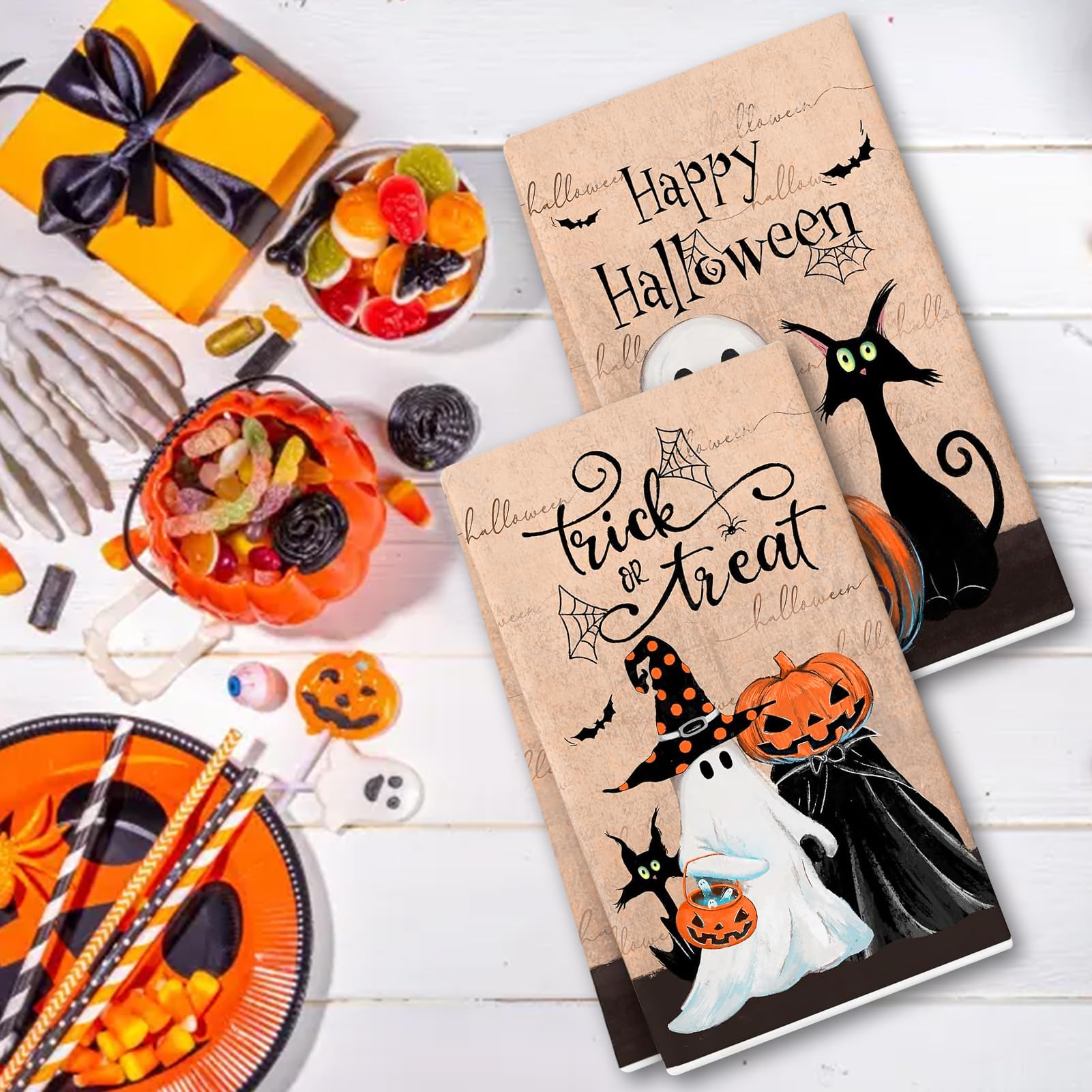 Lot De 2 Torchons De Cuisine Halloween - Microfibre Absorbante 42x65 Cm - Motif Fantôme/citrouille