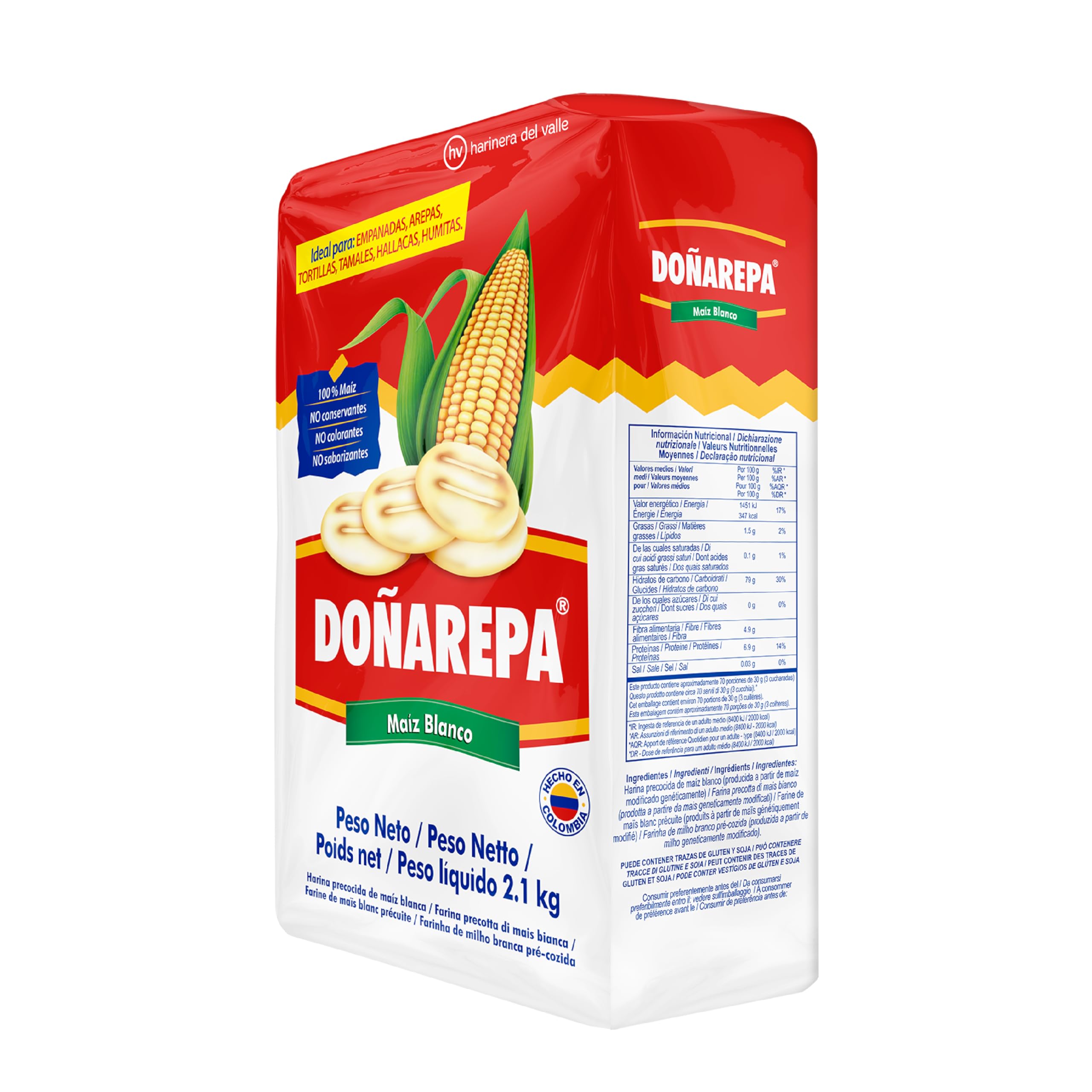 Doña Arepa - Harina de Maíz Blanco Extrafina - Formato de 2,1 Kg | Harina de Maíz - Rico en Fibra - Ideal para Preparar Arepas Colombianas, Cachapas y Platos típicos