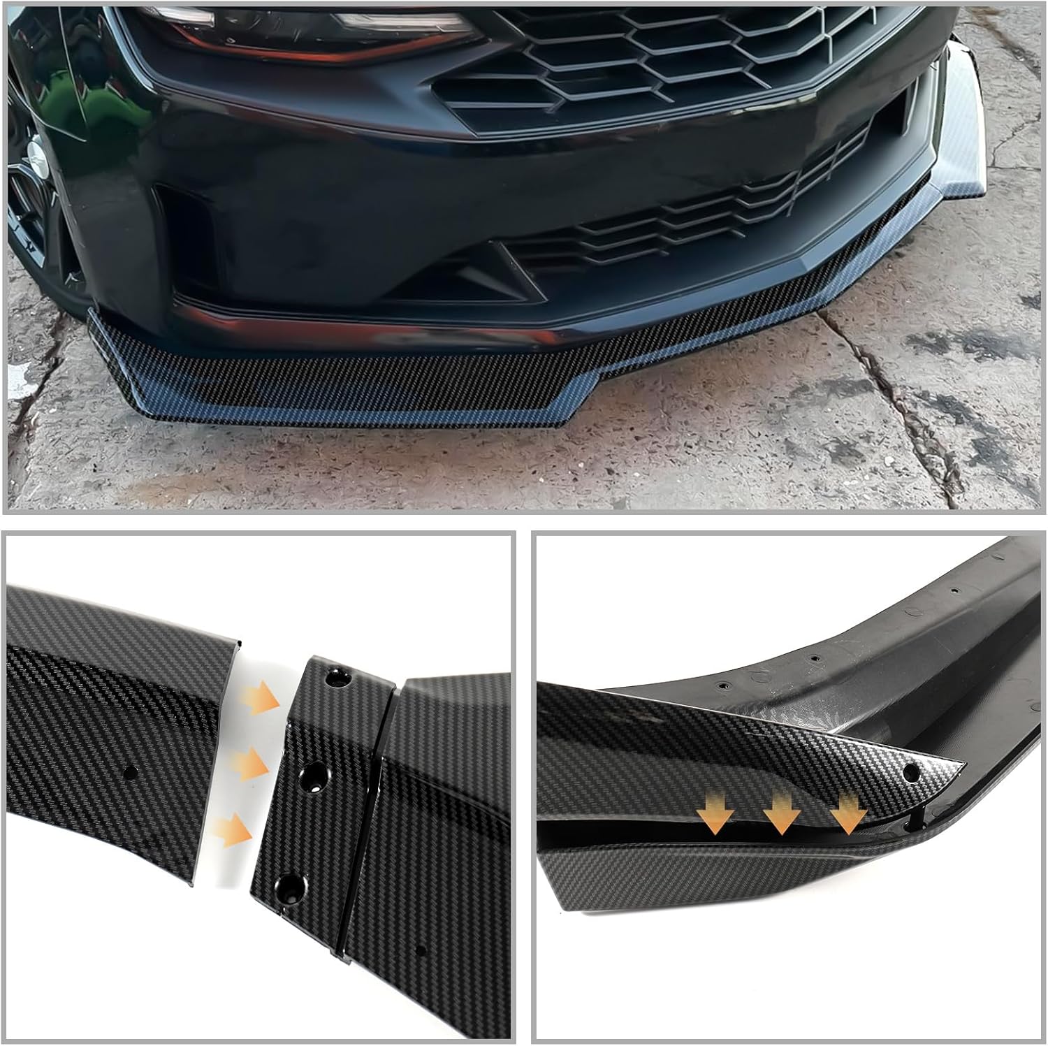 Carbon Fiber Front Bumper Lip Compatible with Chevy Camaro SS LS LT RS 2016-2024, Splitter Spoiler Diffuser Protector Wing Body Kit