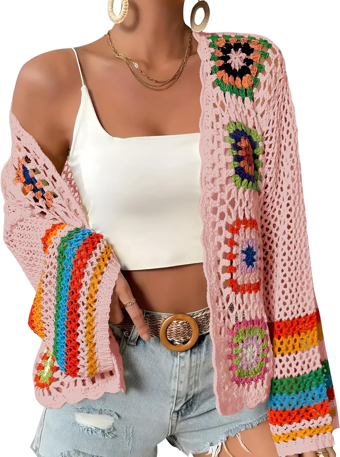 Women's Floral Crochet Cardigan Boho Hollow Out Sweater Cardigan