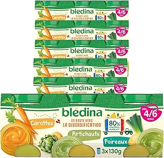BLEDINA - Petits Pots pour bébé - Carottes, Artichauts, Poireaux - 80% d'ingrédients Français - De 4 à 6 mois - 18 pots x 130g