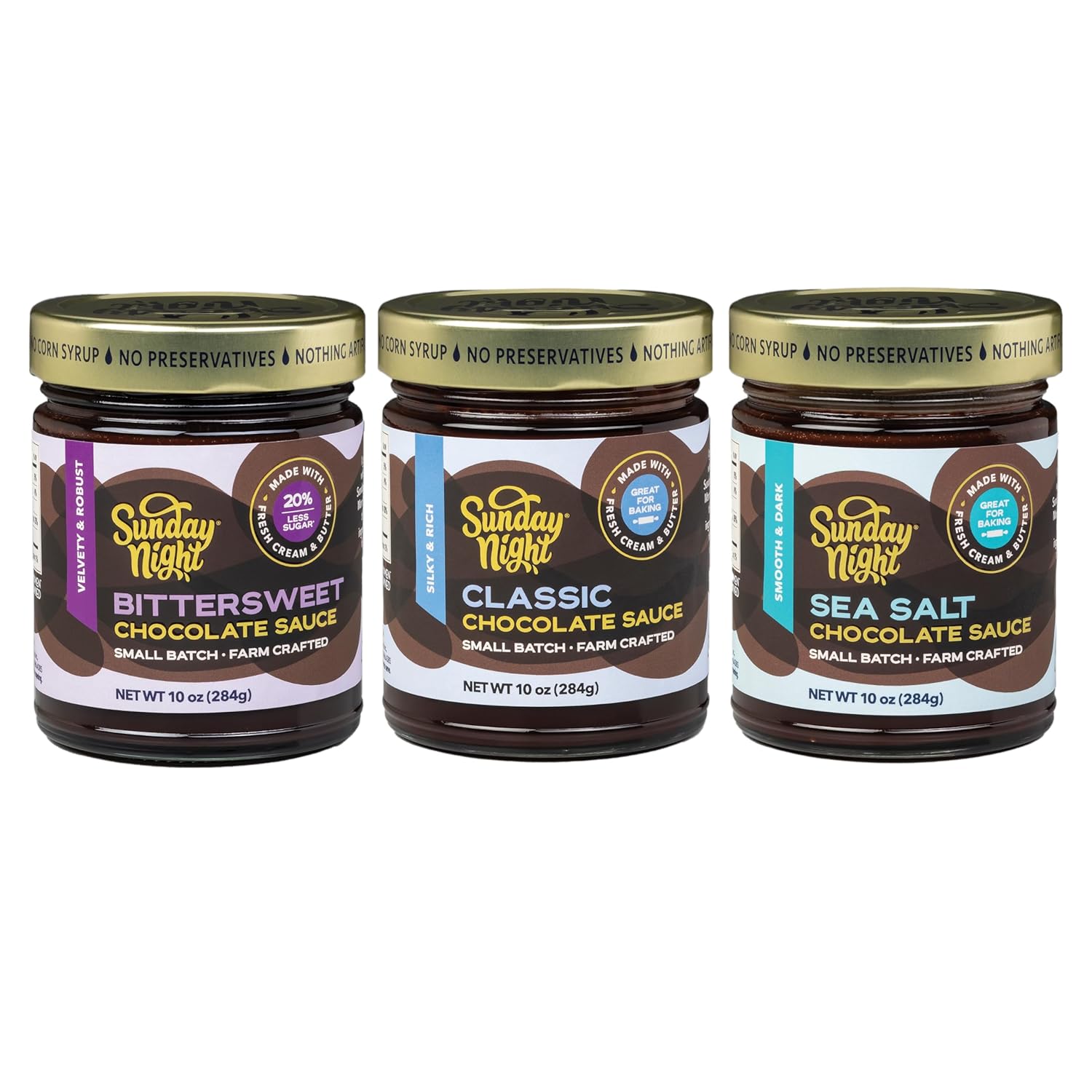 Sunday Night Foods Classic Chocolate, Bittersweet Chocolate, and Sea Salt Chocolate Sauce: Gourmet Chocolate Sauces, Farm-Crafted, Gluten-Free, No Artificial Ingredients, Smooth, Dark, and Salty, Perfect for Desserts and Drinks, Luxury Gift Idea, Three 10 oz Jars (3-Pack)