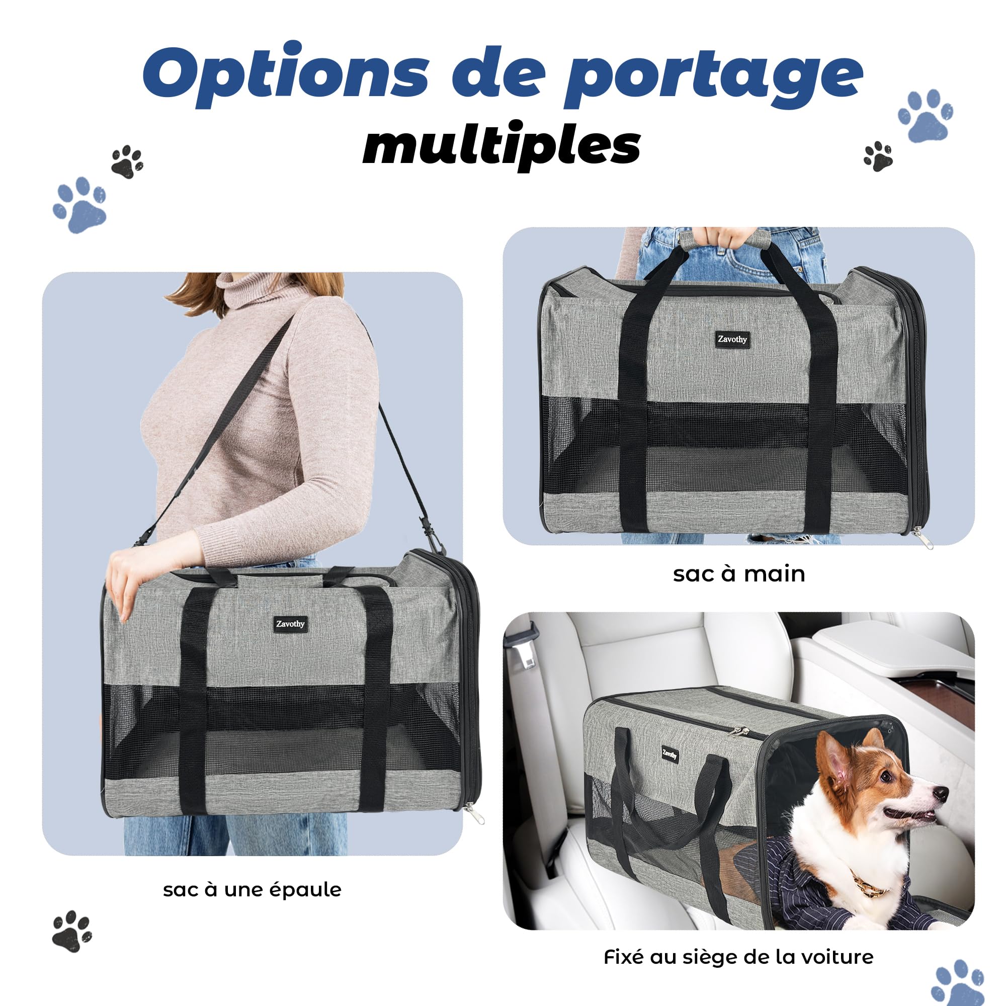 Zavothy Transporttasche für Katzen und Hunde, Transporttasche, atmungsaktiv und faltbar, Transportbox für Katzen mit verstellbarem Schultergurt, Abnehmbare Plüschmatratze (Grau, L)