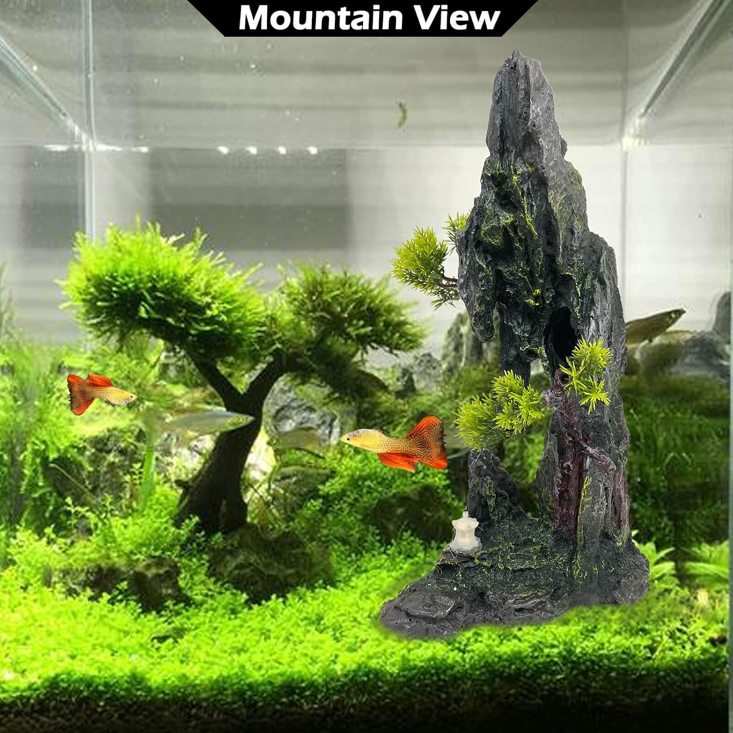 Tall Aquarium Mountain View Stone Decorations Aquarium Ornament Rock Cave Landscape Artificial Mountain Hill View Fish Tank Caves for Betta Hiding Reptile Aquarium Supply