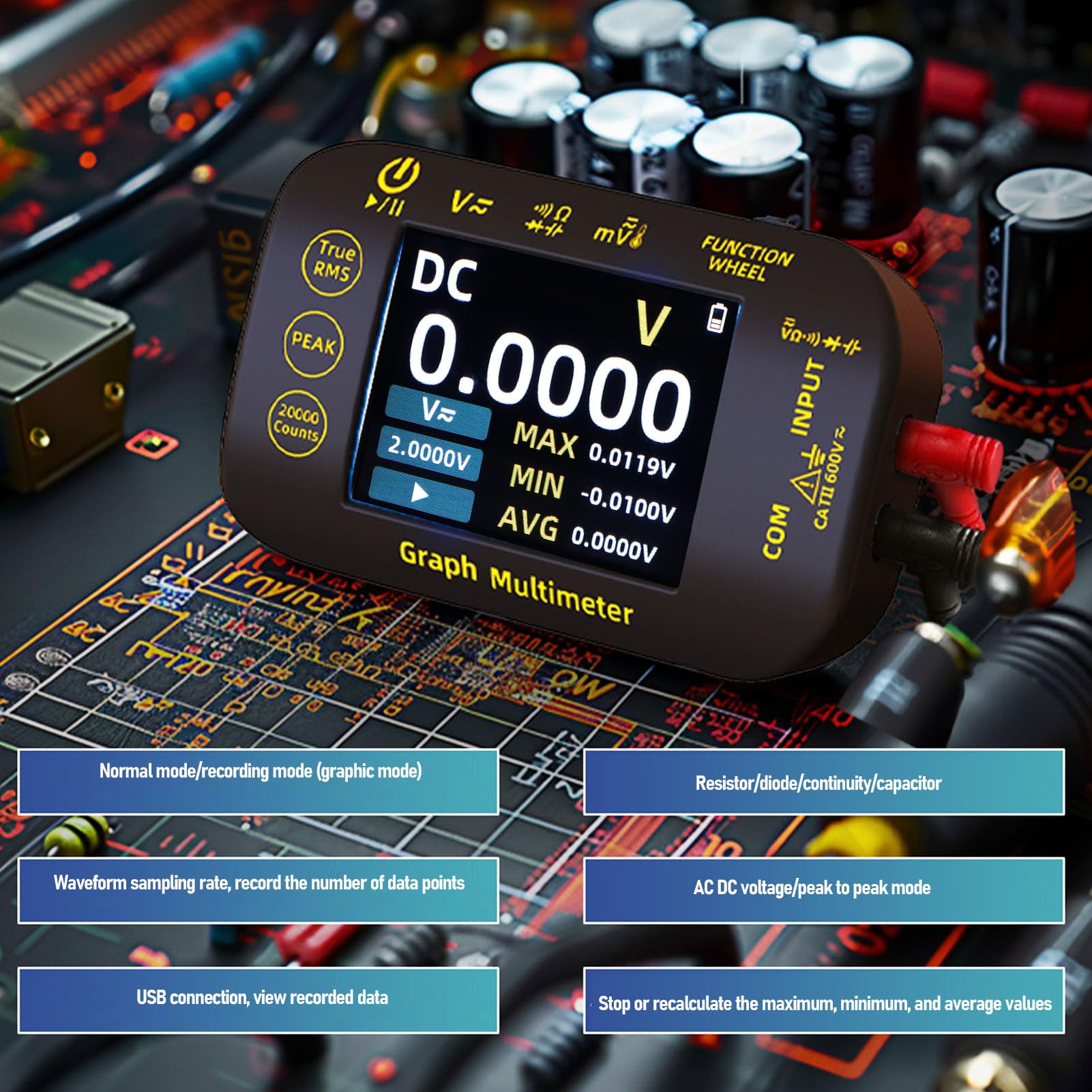 Cocoarm Multimetro Digitale Fotovoltaico, Multimetro Digitale con Gamma Automatica con Schermo TFT da 2,8 Pollici, Tester Grafico Ricaricabile da 20000 Conti per Sistemi Fotovoltaici a Pannelli Solari