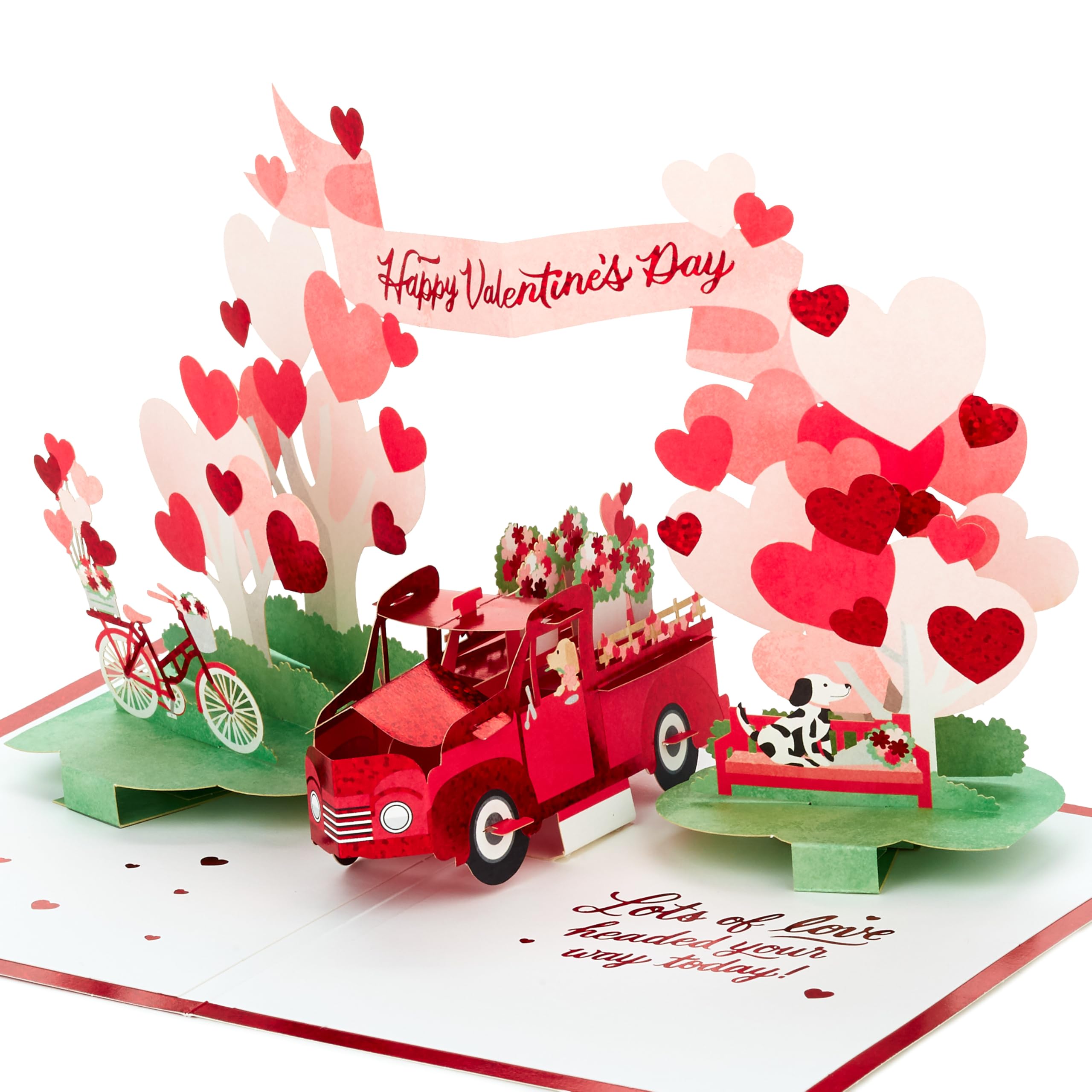 Hallmark Valentines Day Card, 3D & Pop Up, Red Truck, Dogs, Flowers, Archway, Red, White, Pink, 3D Truck Card - Image 3