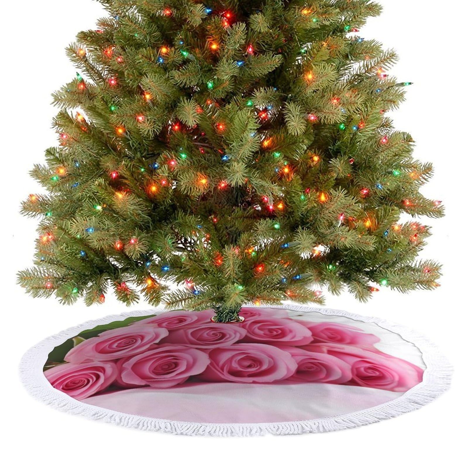 Roses Christmas Tree Skirt 36"x36" Rustic Xmas Tree Mat with Tassel Ornament Christmas Trees Cover Skirt Mat for Evergreen Trees Ornament Winter Holiday Mats Decorations