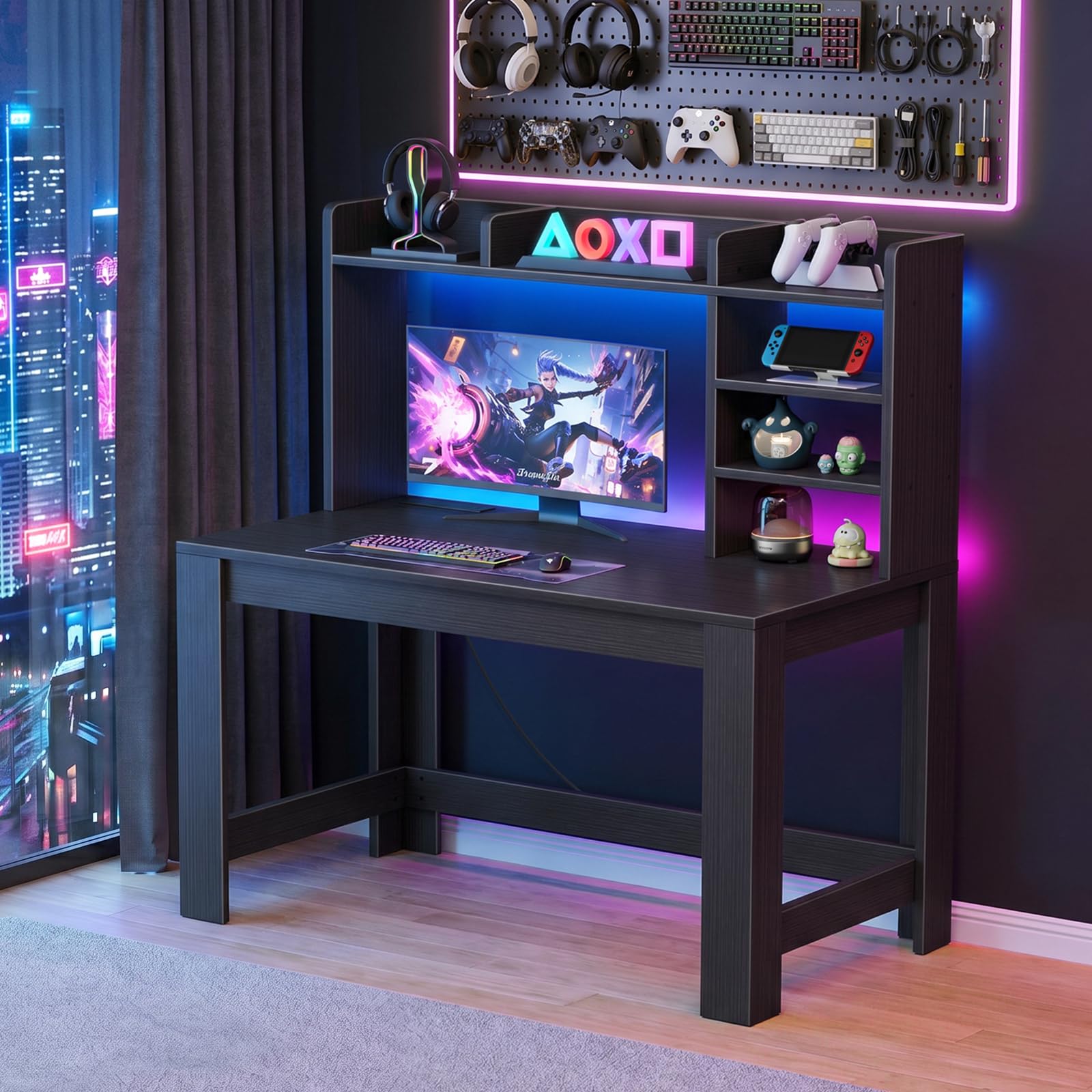 Photo 1 of WINAZ 43" Black Gaming Desk with Hutch and Power Outlet