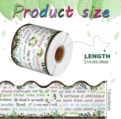 Miniatura 9 de Tablero de anuncios festoneado de 68.9 pies, borde rústico y enrollado con citas inspiradoras, mentalidad de crecimiento, motivación para el aula,