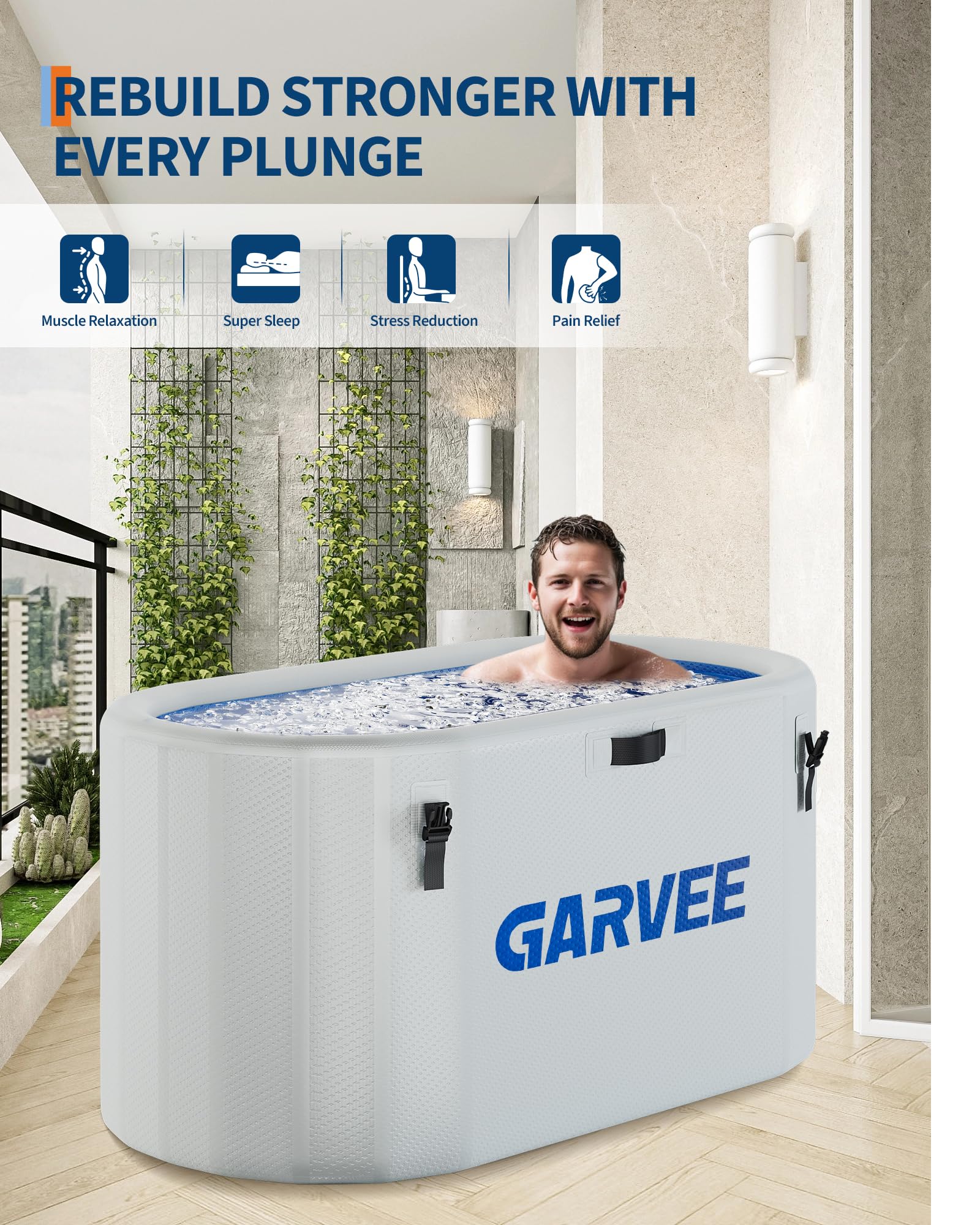 Eisbade Ice Bath Tub for Adults Large Collapsible Cold Plunge Pool Portable PVC Bathtub White Blue Inner for Muscle Recovery Pain Relief Home Spa Outdoor Rectangular 150x80x75cm
