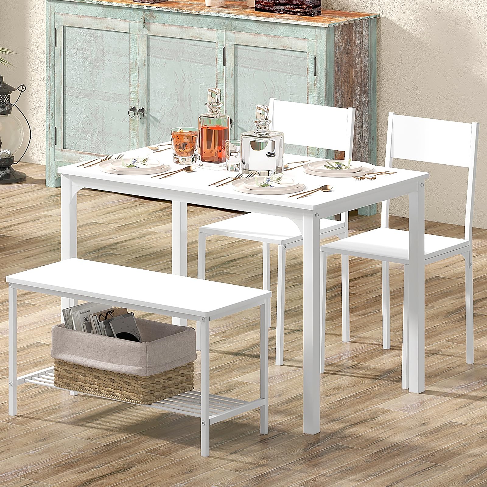 Juego de mesa de cocina para 4, juego de sillas de mesa de comedor compacto con banco, mesa de 4 piezas con estantes de almacenamiento integrados, marco de metal, para apartamento,