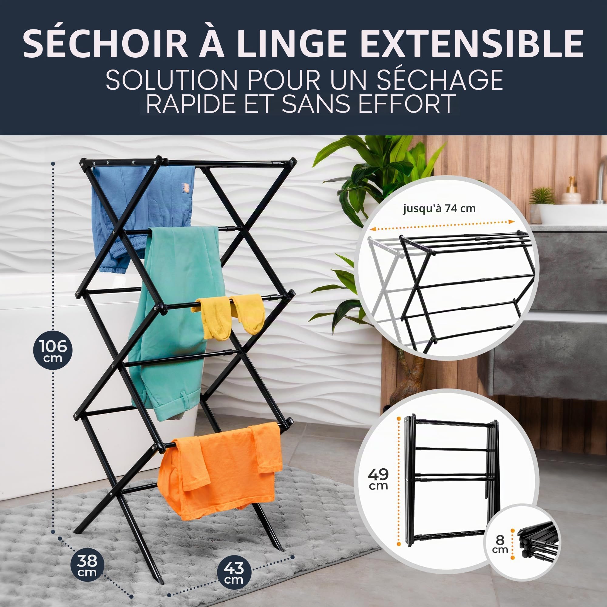 Séchoir à Linge Pliable, Robuste, Peu encombrant, 6 Niveaux avec 11 Barres, Pliable et Extensible, Petit, Balcon en Noir (Blanc)