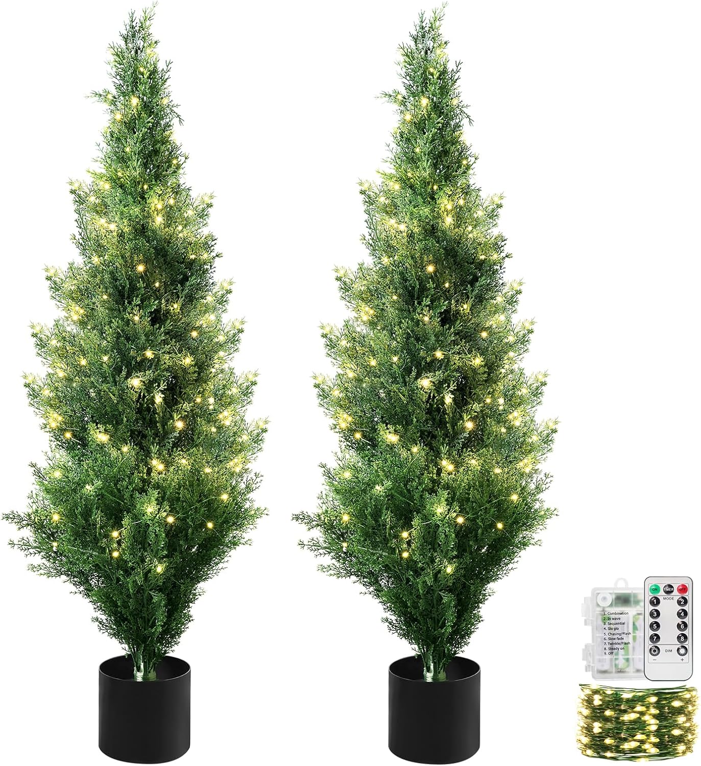 4FT Topiary Trees Artificial Outdoors 2 Pack, Two 4 Foot UV Resistant Faux Cedar Topiary Ball for Outdoor Front Porch Door, Set of 2 Fake Pine Cypress Tree with Led String Light