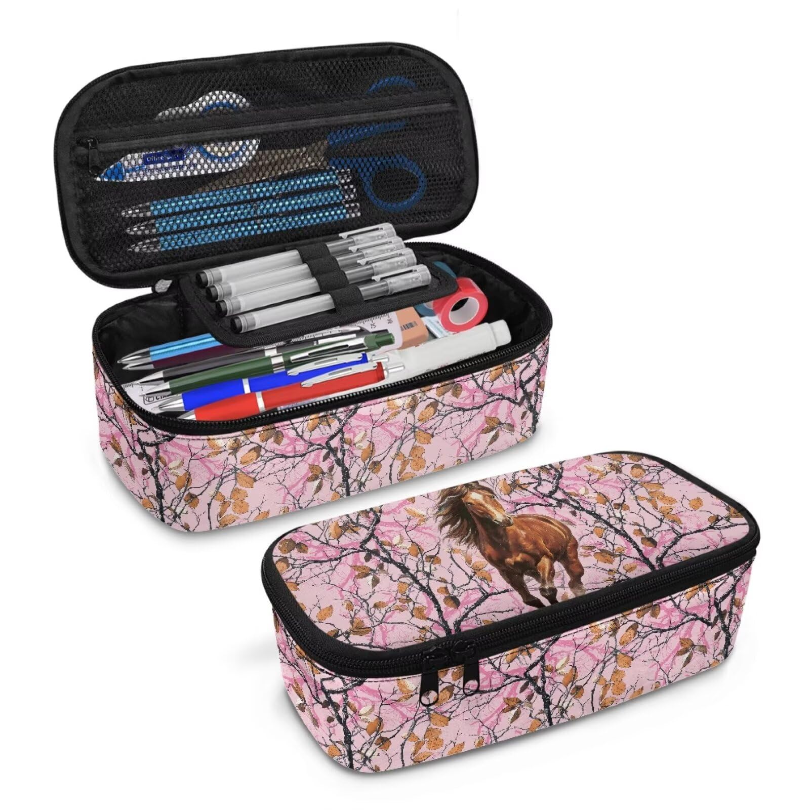 Kids Pencil Case for Boys 6-8 Horse Forest Camo Pencil Pouch Large Capacity Lightweight Portable Pen Bag with Handle Strap for Back to School, Pink