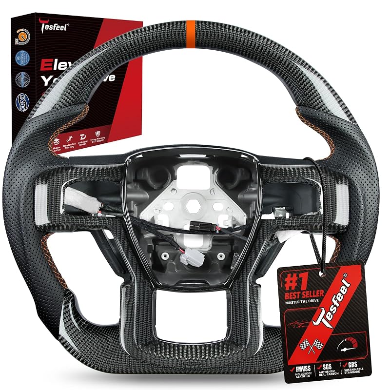 Volante esportivo em fibra de carbono 3K com couro Nappa, formato D, faixa e costura laranja, compatível com Ford F150 Raptor 2017–2020 TESFEEL