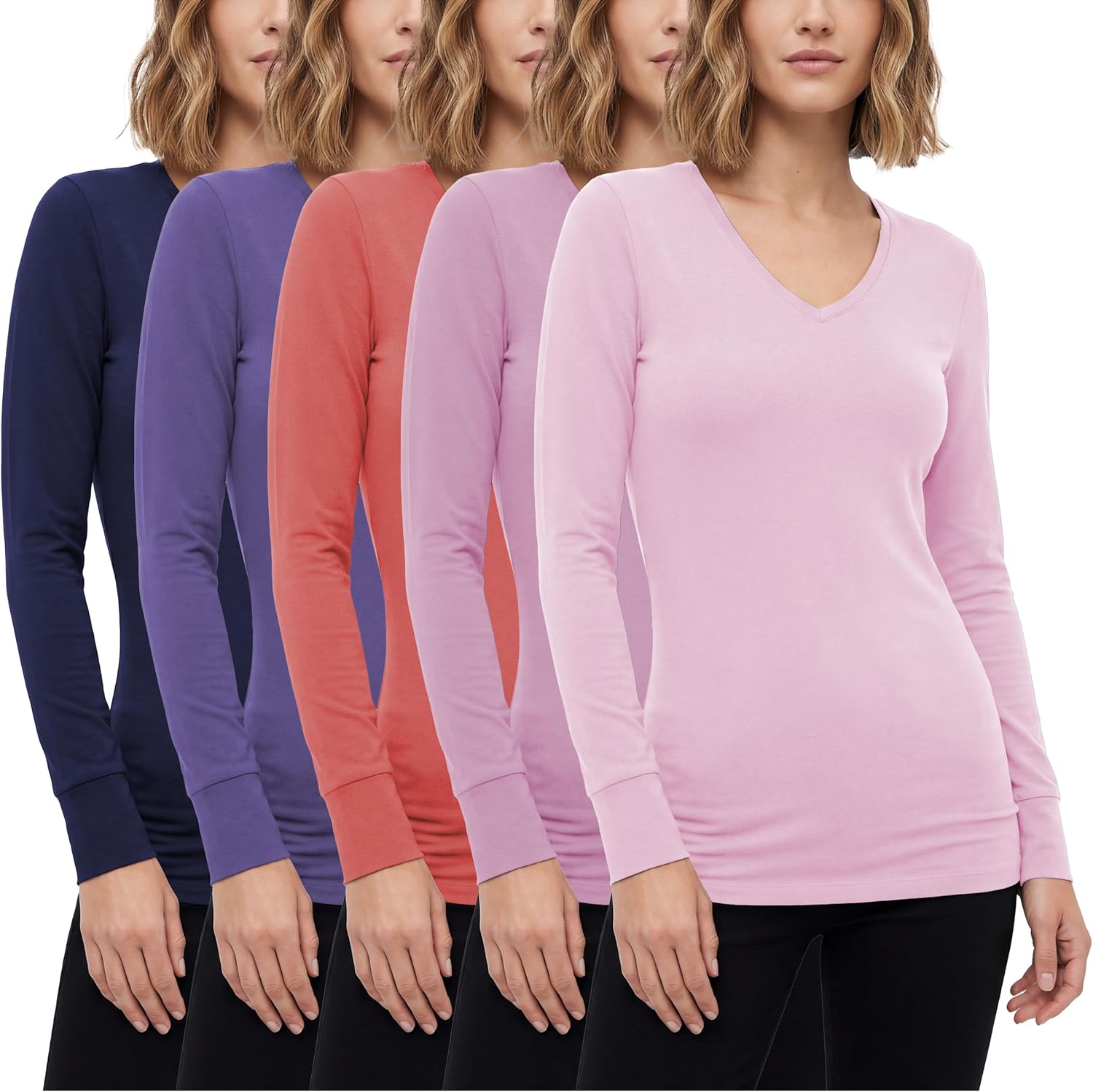 Sexy Basics Women's Cotton Stretch Long Sleeve V- Neck Athletic Tops | Casual & Active Color T Shirts | Multi Packs