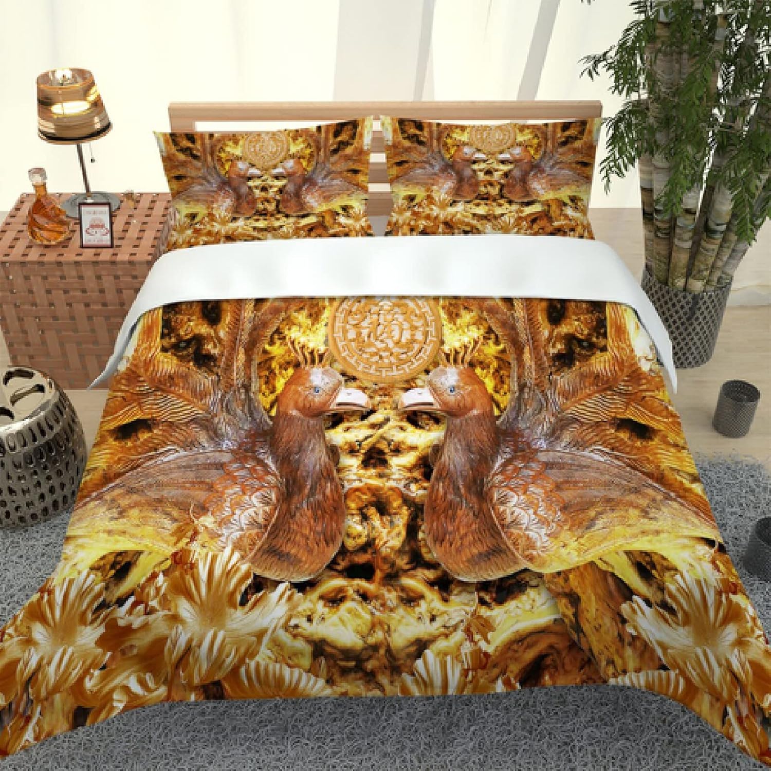 European Style 3D Printing Golden Flower and Bird Printing Set Quilt Cover King Size Pillowcase 3-Piece Set singleQueen King Twin Full boy Comfortable Quilt Cover Home (Size : Full) ()