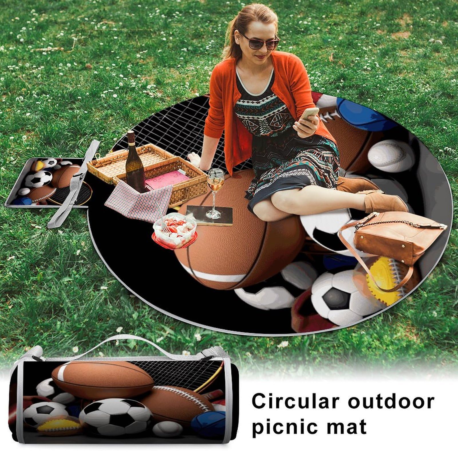 Coperte da picnic a tema sportivo, rotonde, pieghevoli, leggere, coperte da spiaggia, impermeabili, coperta da esterno per primavera, estate, campeggio, parco, erba da viaggio