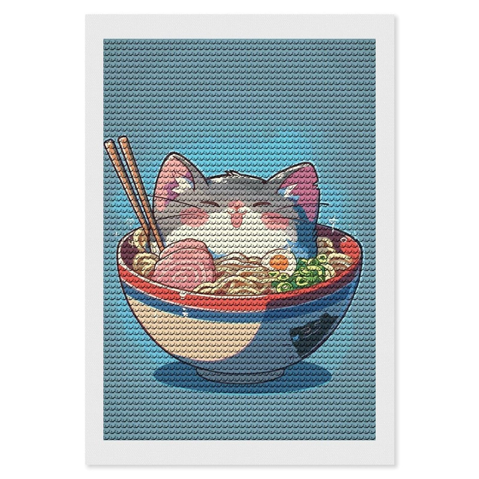 Junmoney Anime Ramen Noodle Cat Diamond Painting Kit 8"x12", Festive Craft Gift, Bedroom Decor, Full Kit Included, Creative Gift Idea