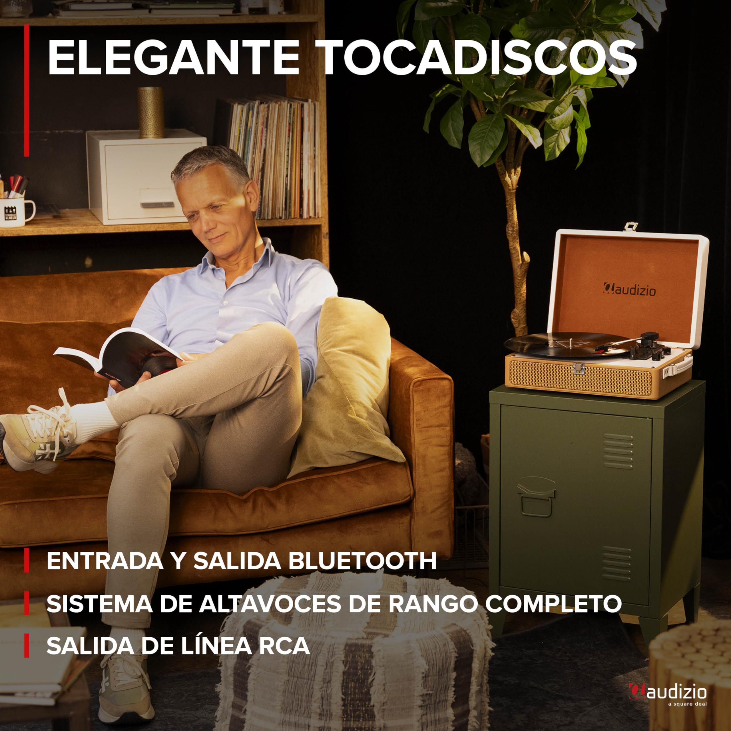 Audizio RP119 - Tocadiscos Retro con Altavoz Bluetooth de Vinilo para Enviar y Recibir, 3 velocidades 33/45/78, formatos 7''/10''/12'', AUX de 3,5 mm y RCA/Cinch - Bronce/Cuero