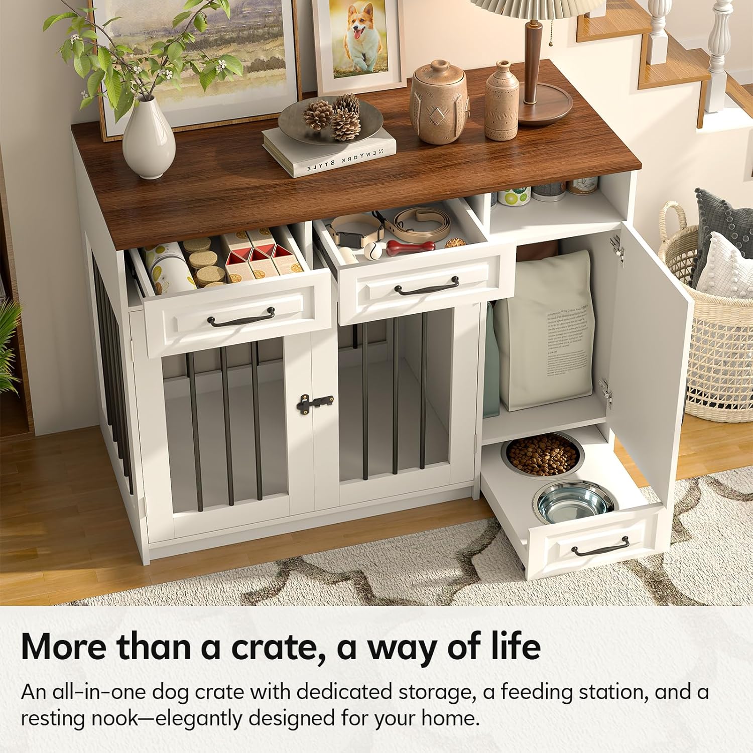 Dog Crate Furniture with Storage Drawers & Hidden Bowl, Wooden Indoor Dog Kennel Furniture with Food Storage Cabinet/Hooks, Dog Kennel End Table TV Stand for Small/Medium/Large Dogs, White