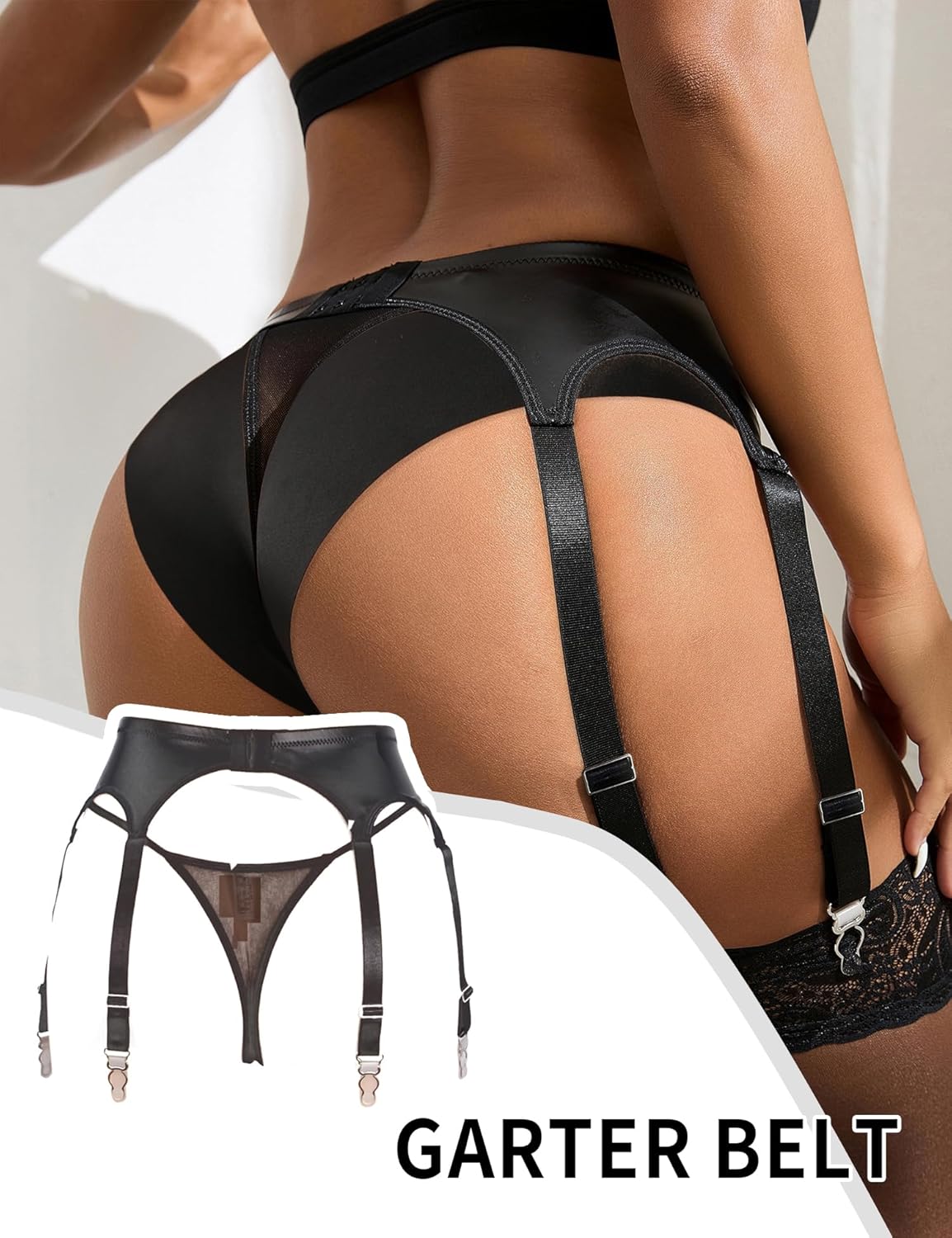 ohmydear Womens Garter Belt Sexy Suspenders Black Plus Size Thigh High Garters with 6 Metal Clips for Stockings - Image 2
