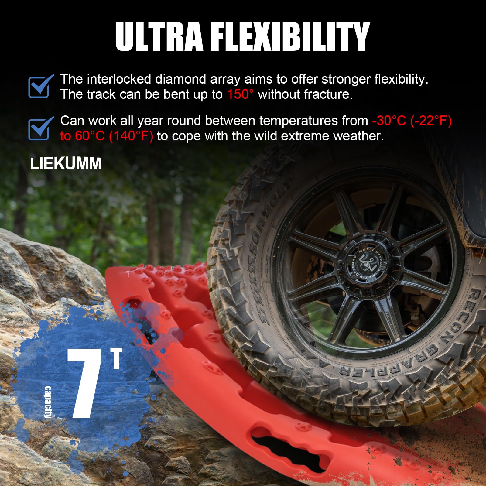LIEKUMM 2 piste di recupero rosse resistenti, capacità 7 tonnellate, tavole di trazione fuoristrada per sabbia/fango/neve, tracce di recupero per 4x4, SUV, pickup, veicoli fuoristrada, ATV, auto