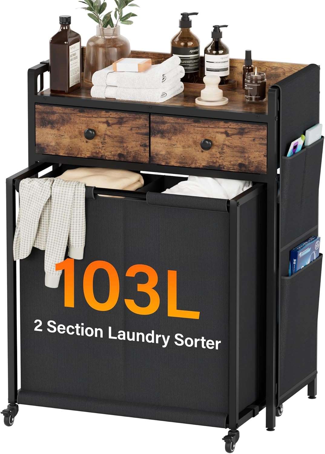 Laundry Hamper Basket: 2 Section Laundry Sorter with Wheels and Shelf - Rolling Laundry Basket Organizer with Shelf Drawers and Pull-Out Cart - Clothes Hamper for Laundry Room Bathroom Bedroom