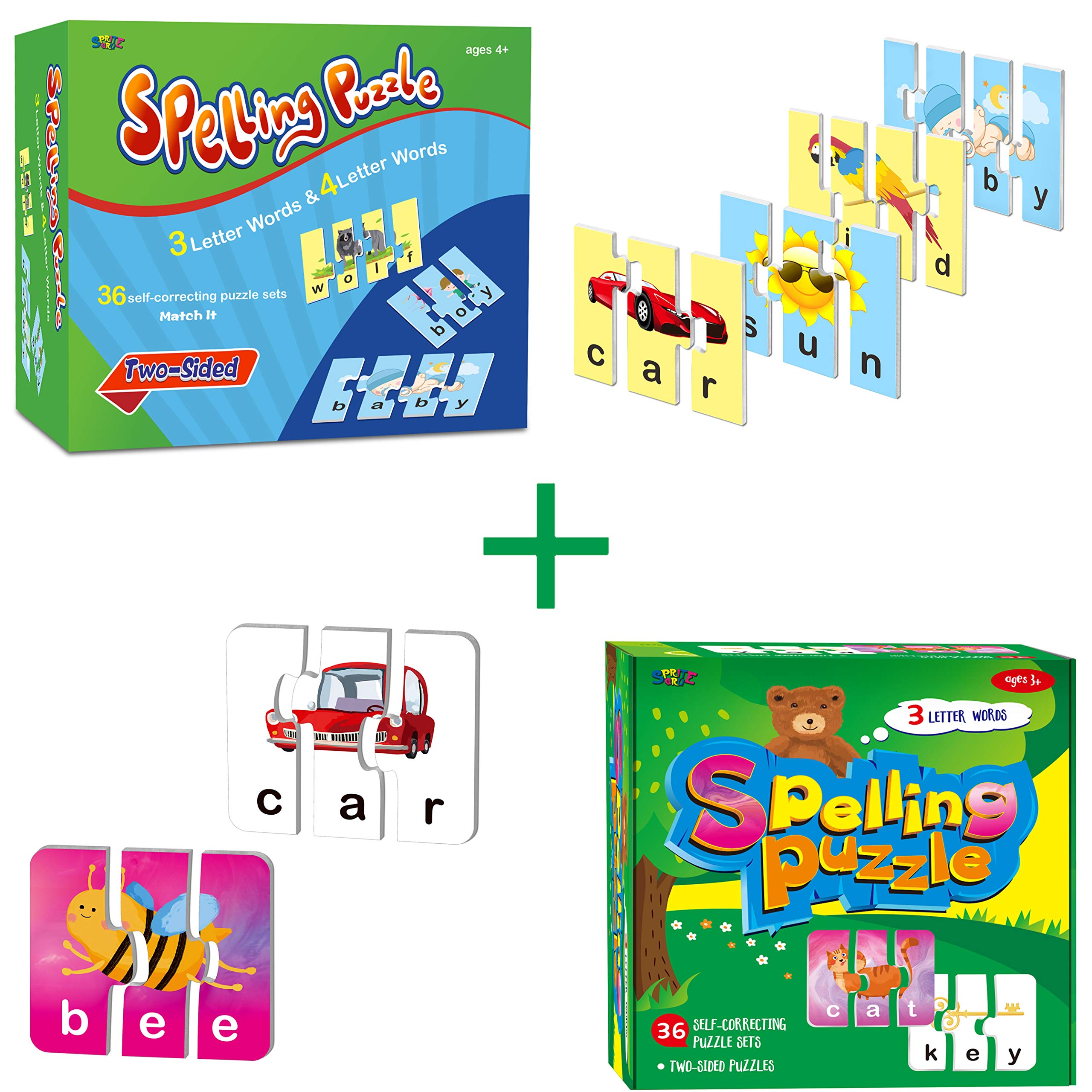 2 Boxes 72 Word Spelling Puzzles with Error-Correction Mechanism in 3 and 4 Pieces, Perfect for Preschool Learning (36 Blocks Double Sided)