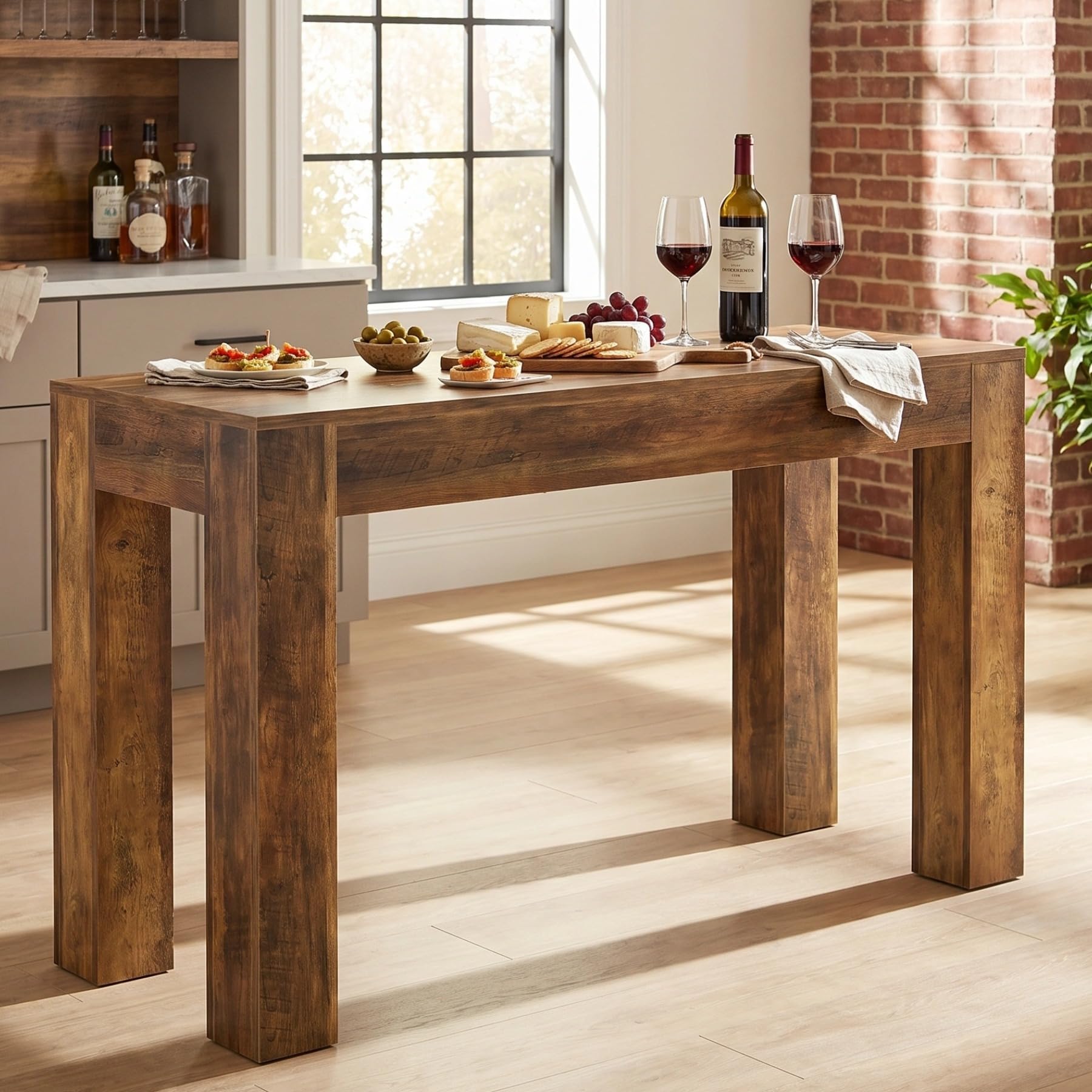 Tribesigns 63" Long Bar Table, Wooden Bar Height Dining Table with 4 Sturdy Legs, Rectangular Counter Height Bar Tables for Kitchen, Home Bar, or Living Room (Rustic Brown)