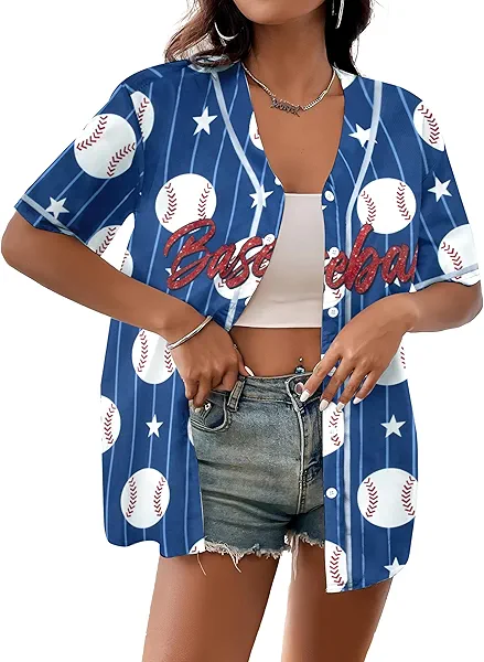 Baseball Shirt Women Baseball Jersey Graphic Button Down Shirt Game Day Short Sleeve Tops