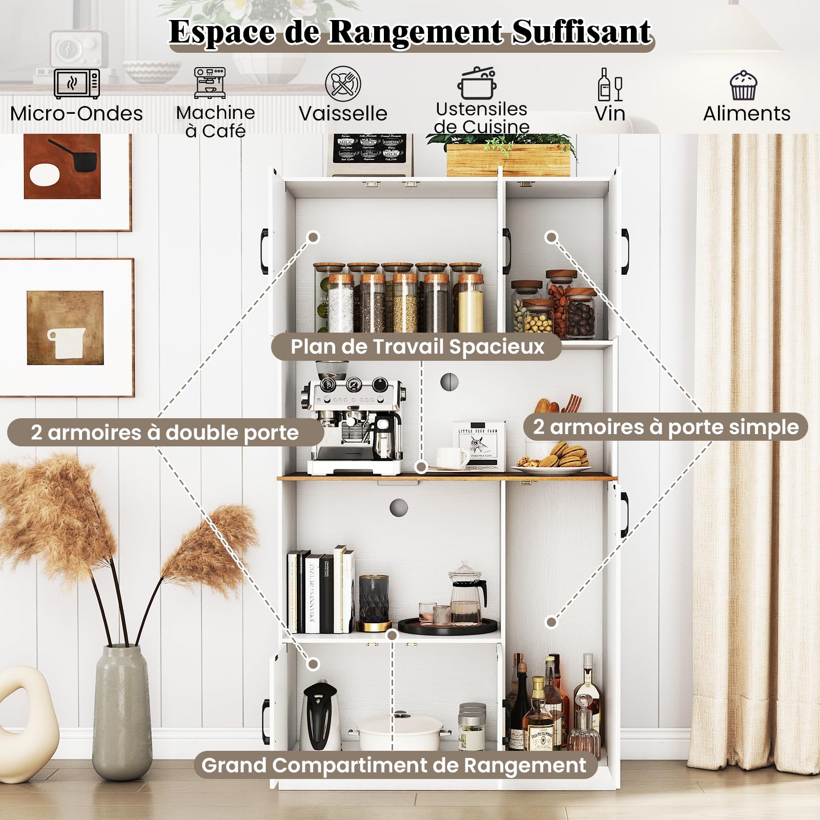 COSTWAY Armoire Cuisine Rangement 180 CM avec Prise, Buffet Vaisselier Cuisine 4 Placards, Plan de Travail, Support Micro-Ondes, Moderne, Meuble Rangement pour Salle à Manger, Salon (Blanc)