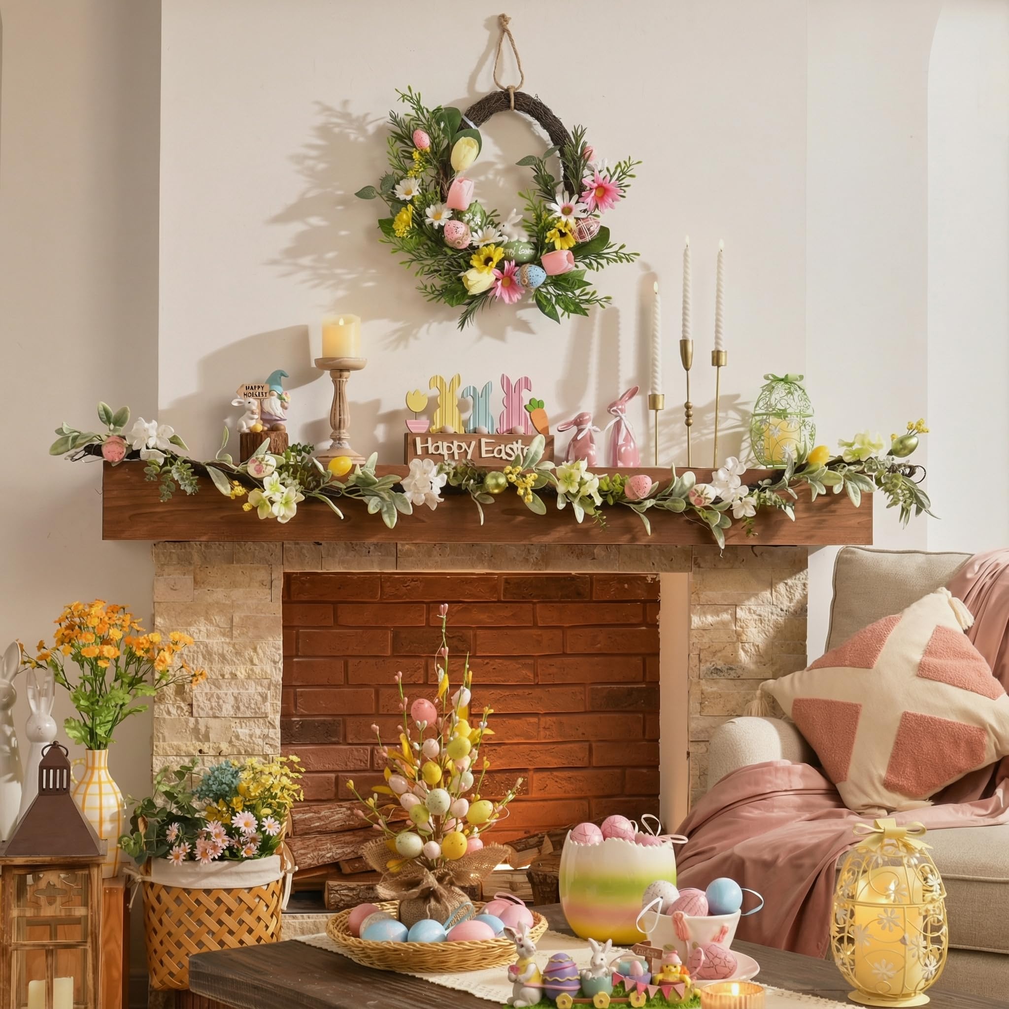 Valery Madelyn Couronne de lapin de Pâques avec œufs pastel, couronne de printemps artificielle pour maison, intérieur, extérieur, fenêtre, mur, vacances, décoration de fête - 40,6 cm