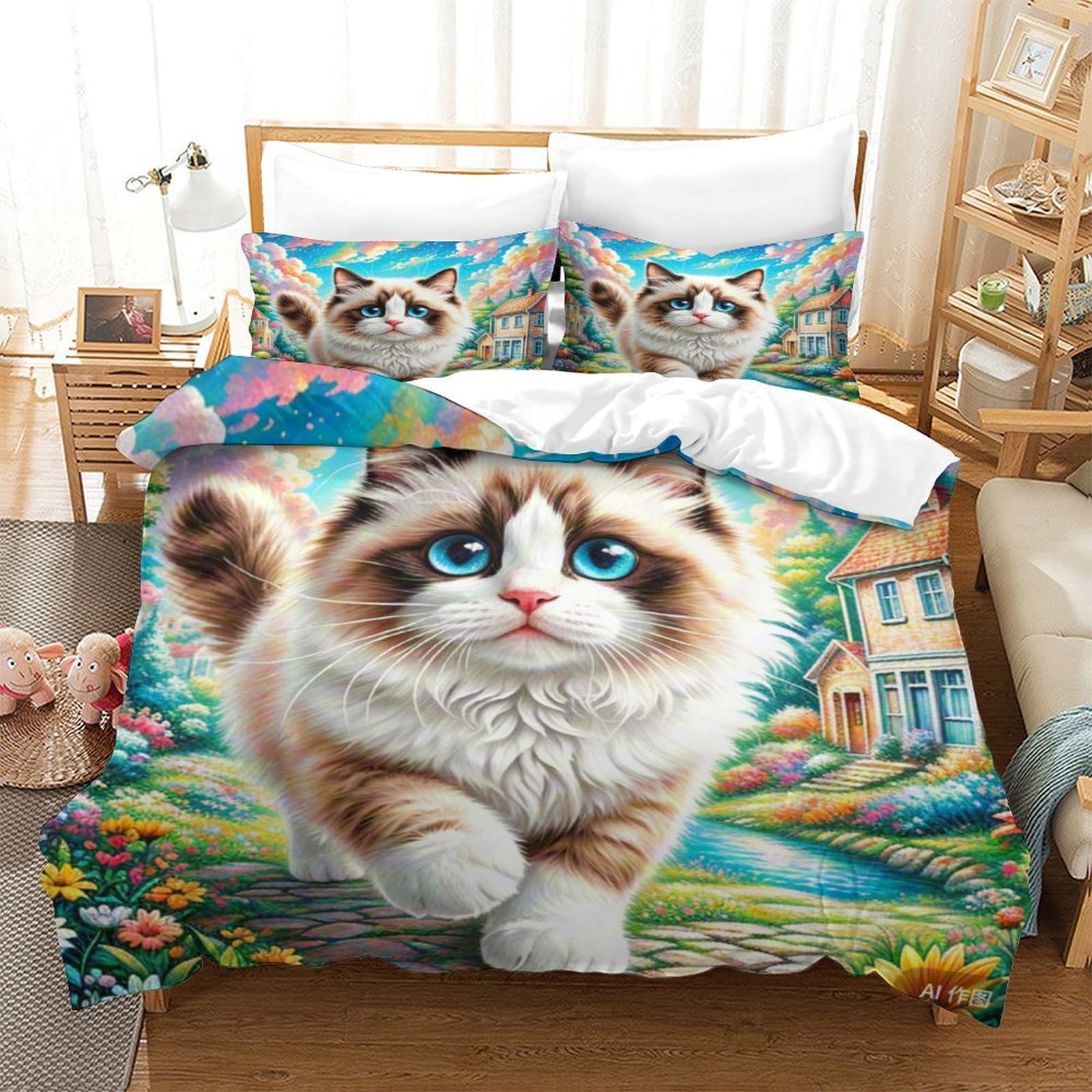 Housse de couette chat Ragdoll microfibre anti-plis lit enfant avec zip invisible