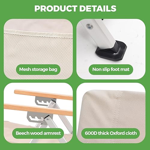 Miniatura 7 de Silla plegable para camping, sillas portátiles para adultos, ajustable, respaldo alto, silla cómoda al aire libre con bolsa de almacenamiento