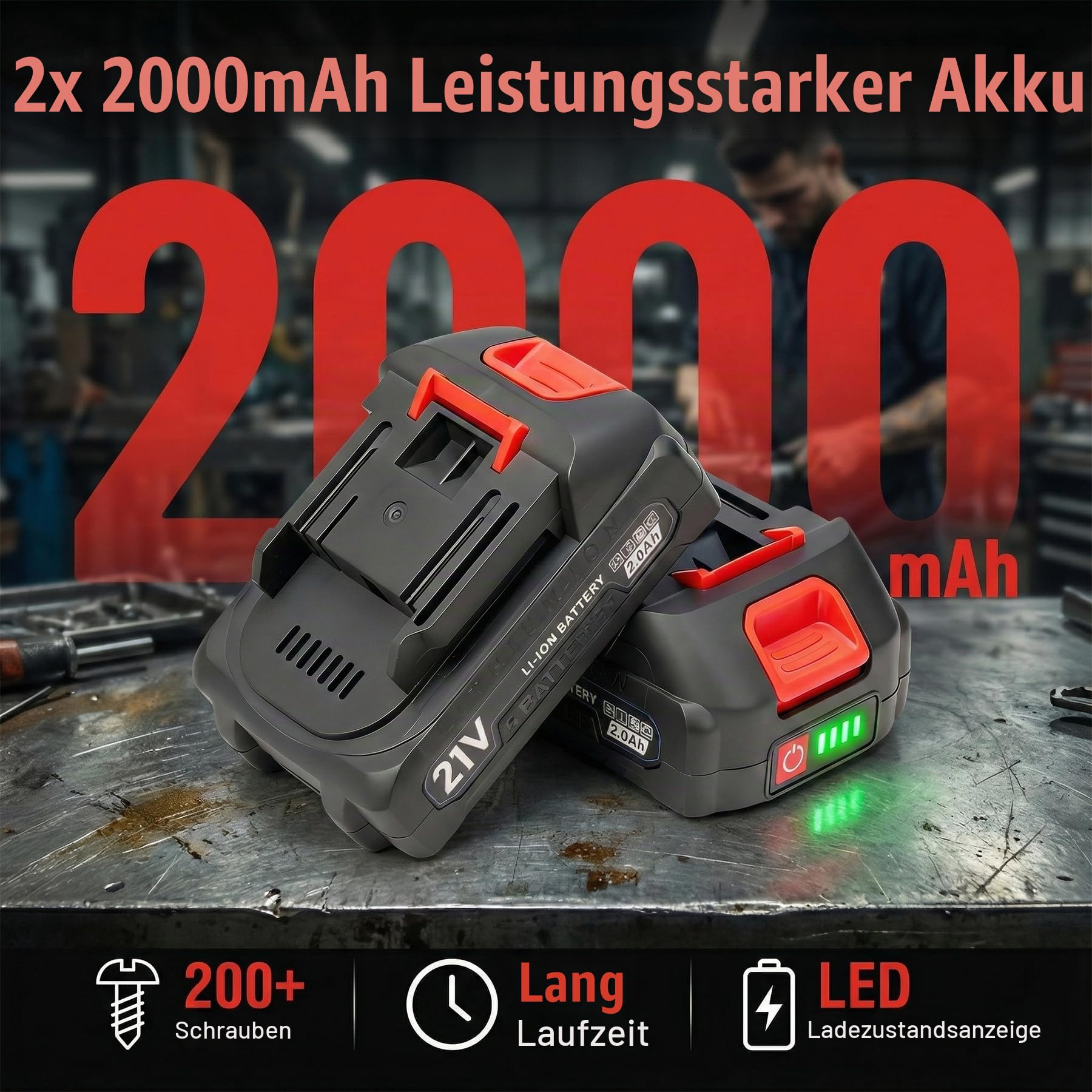 3/8" Akku Ratschenschrauber 21V, 15cm Extra Langer Hals Elektrische Ratsche, 85Nm Drehmoment, 400 U/min, 2x 2.0Ah Akkus, Schnellladegerät, 7 Steckschlüssel & Adapter Set für KFZ, Werkstatt & Montage