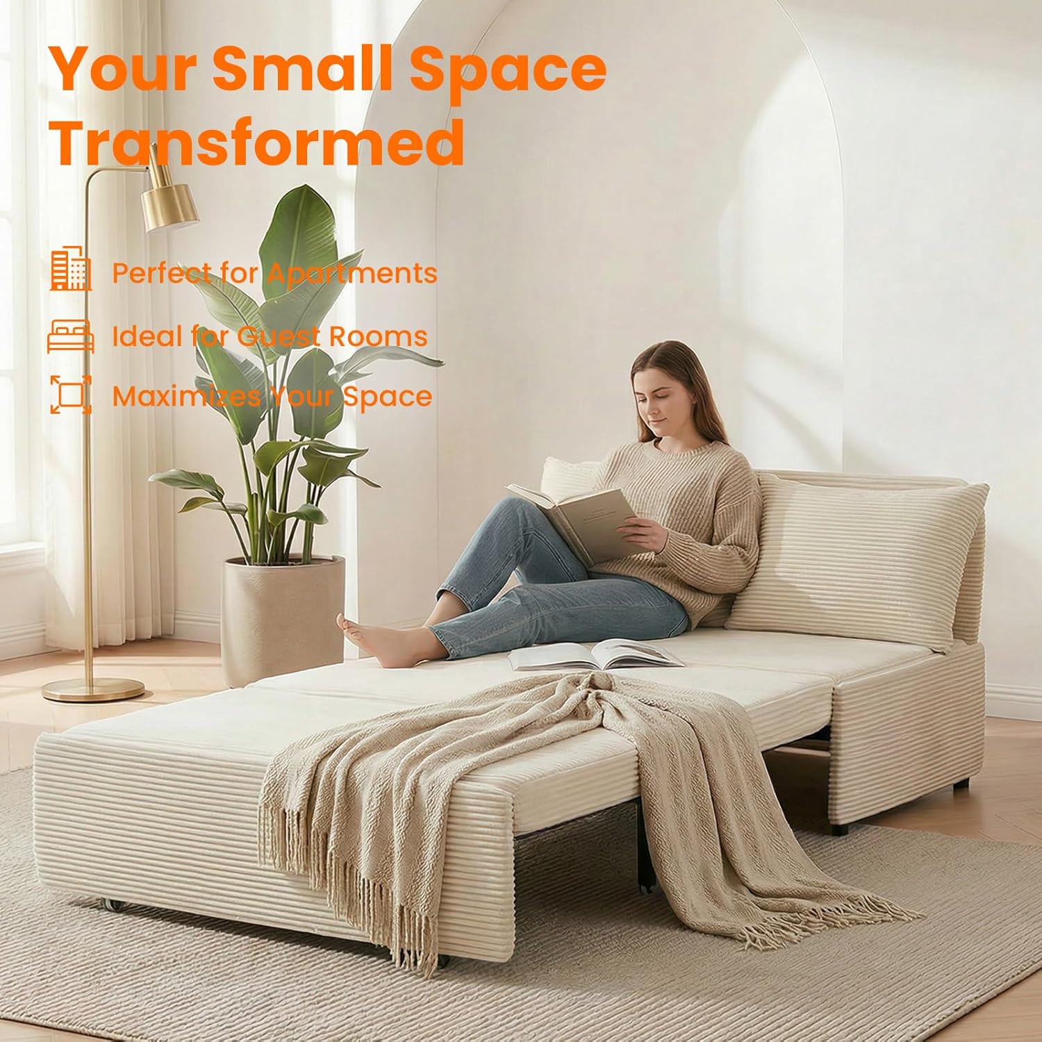 CECER 43.5" Twin Size Pull Out Sofa Bed，Corduroy Pull Out Couch with Tri-fold Mattress，3-in-1 Convertible Sleeper Sofa with Pillows for Small Space/Bedroom/Apartment（Beige）