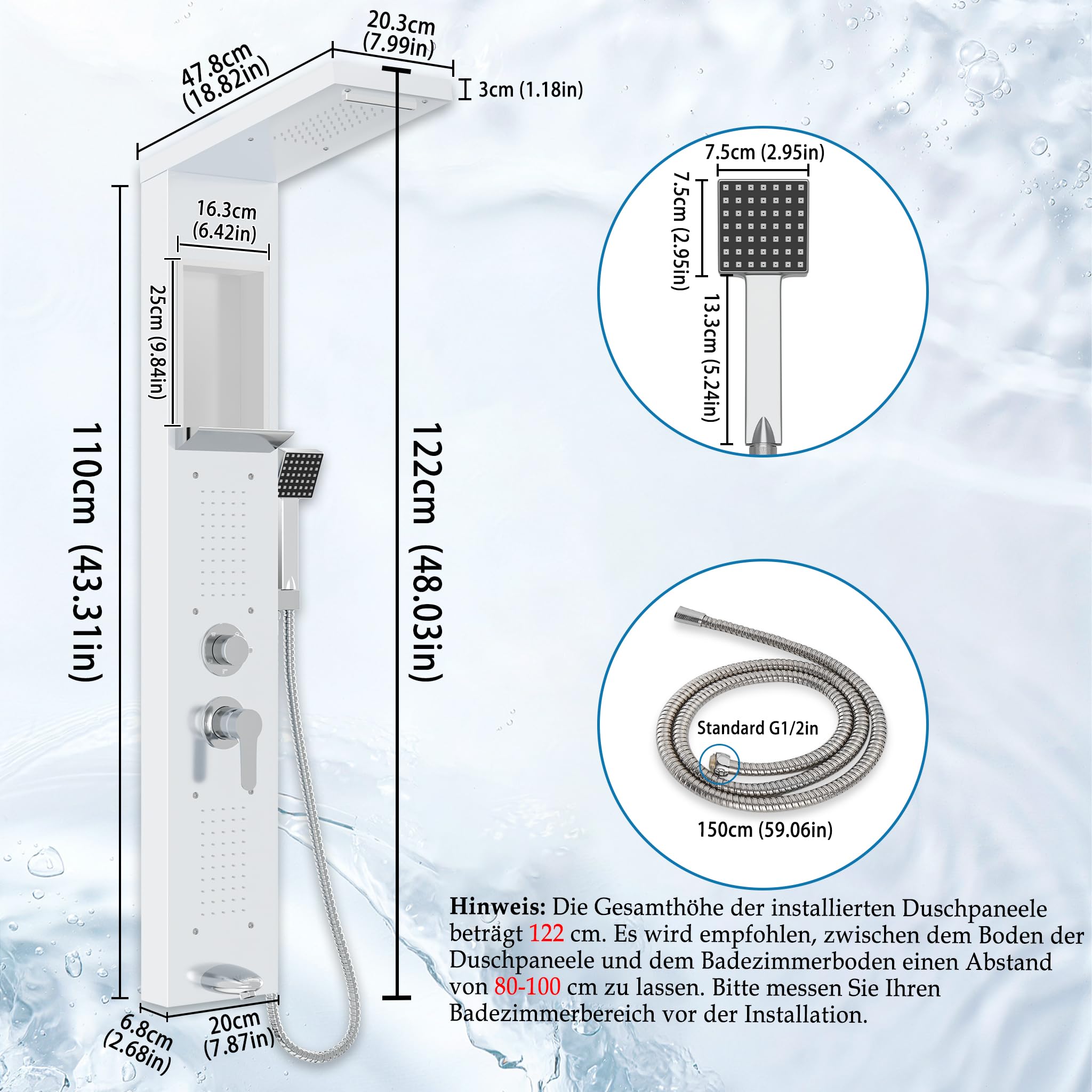 LZQ Pannello doccia in acciaio inox, sistema doccia a 5 funzioni, con doccia a pioggia, cascata, 2 getti massaggianti, doccetta e beccuccio, set doccia montato a parete (bianco)