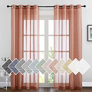NICETOWN Semi Sheer Linen Curtains, Grommet Top Rustic Linen Burlap Curtains Privacy with Light Through Vertical Drapes for Bedroom/Home Office, Burnt Orange, W52 x L84, 1 Pair