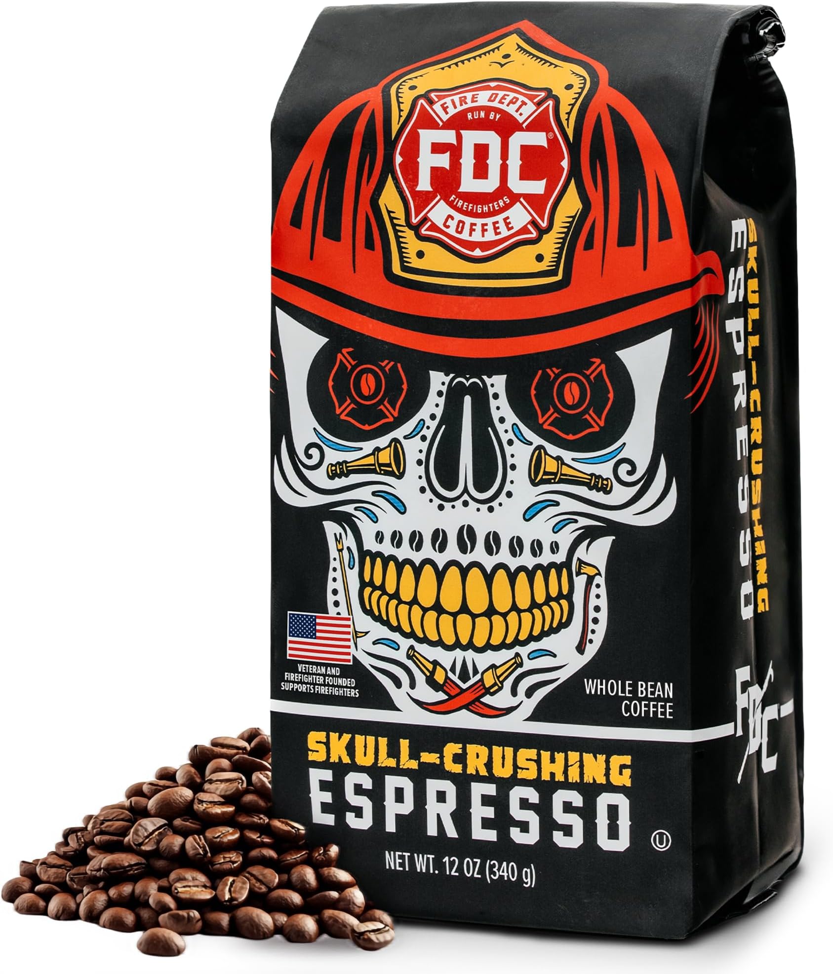 Gives Back to Firefighters - Full-Bodied & Bold Skull Crushing Espresso Beans - Roasted in the USA - Premium Whole Bean Coffee - Veteran Owned - 12 oz