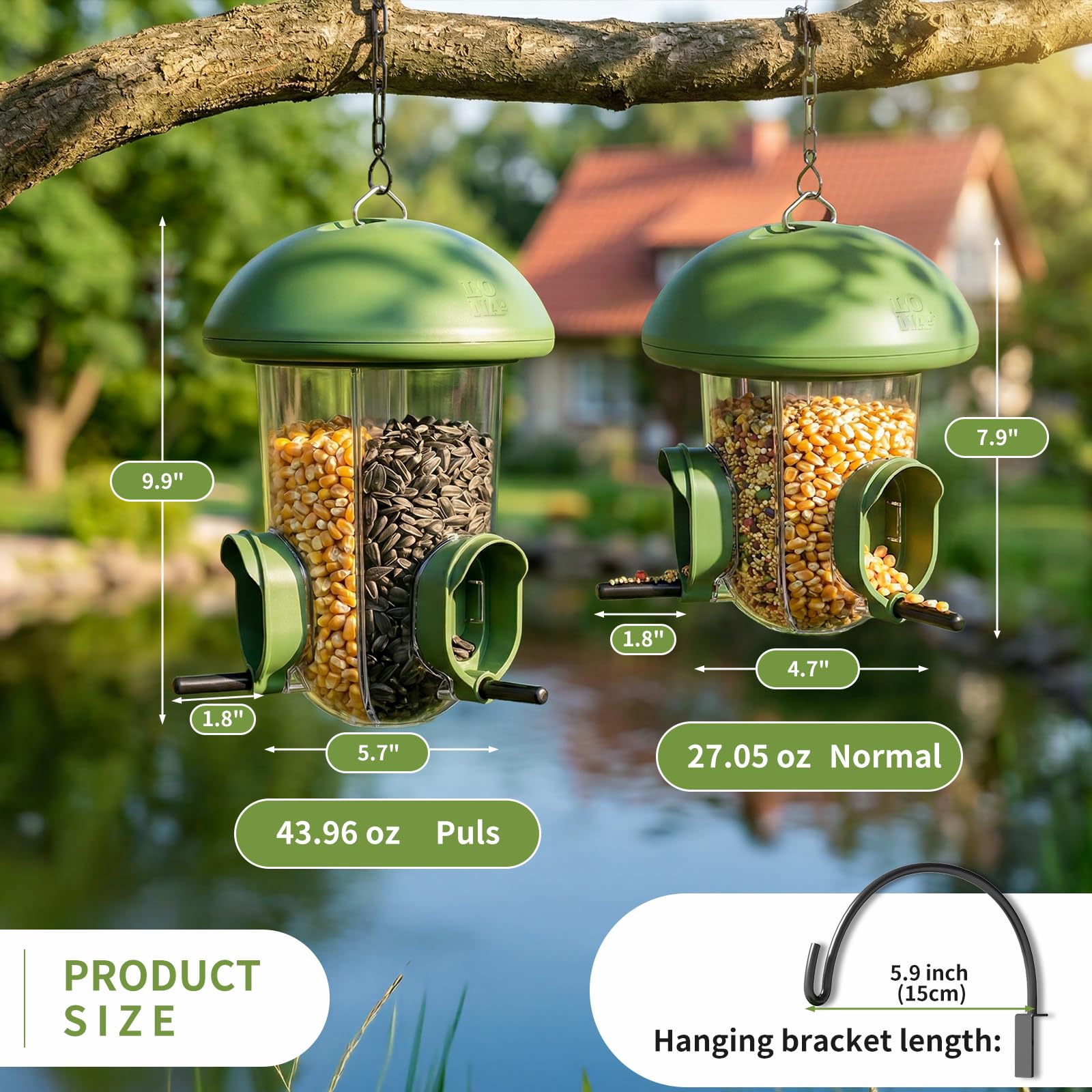 LONA - Comederos para pájaros para colgar al aire libre, 3 compartimentos separados, 3 puertos de alimentación, cúpula resistente a la intemperie y 3 formas de colgar, gran capacidad para cardenales