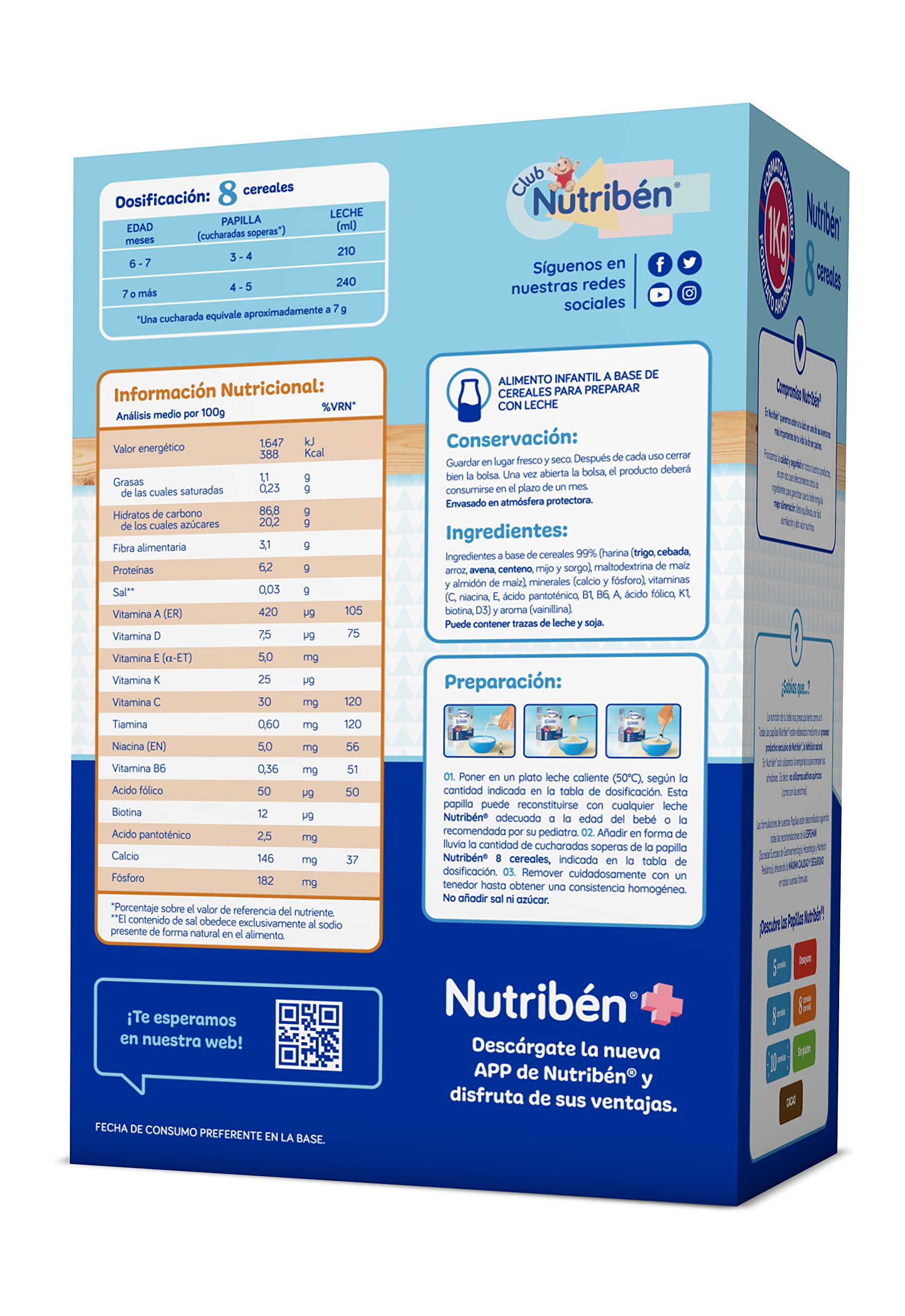 Nutribén | Papilla Instantánea 8 Cereales | 1kg | Sin azúcares añadidos | Sin Aceite de Palma