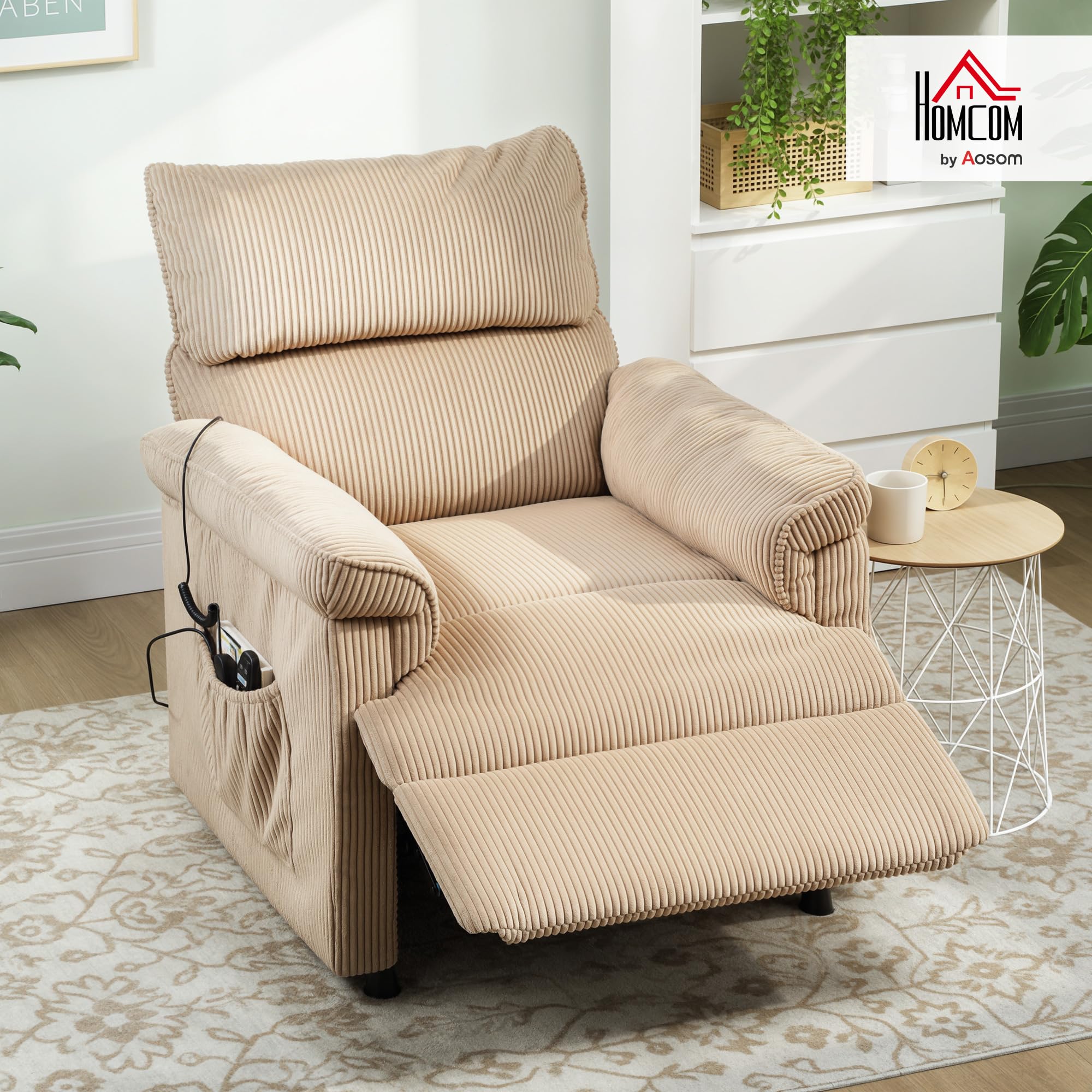 HOMCOM Fauteuil Relax Électrique Massant et Chauffant en Velours Côtelé, Fauteuil Inclinable avec Repose-Pieds, Moteur Silencieux, Mémoire, Port USB, Télécommande et Poches Latérales, Marron