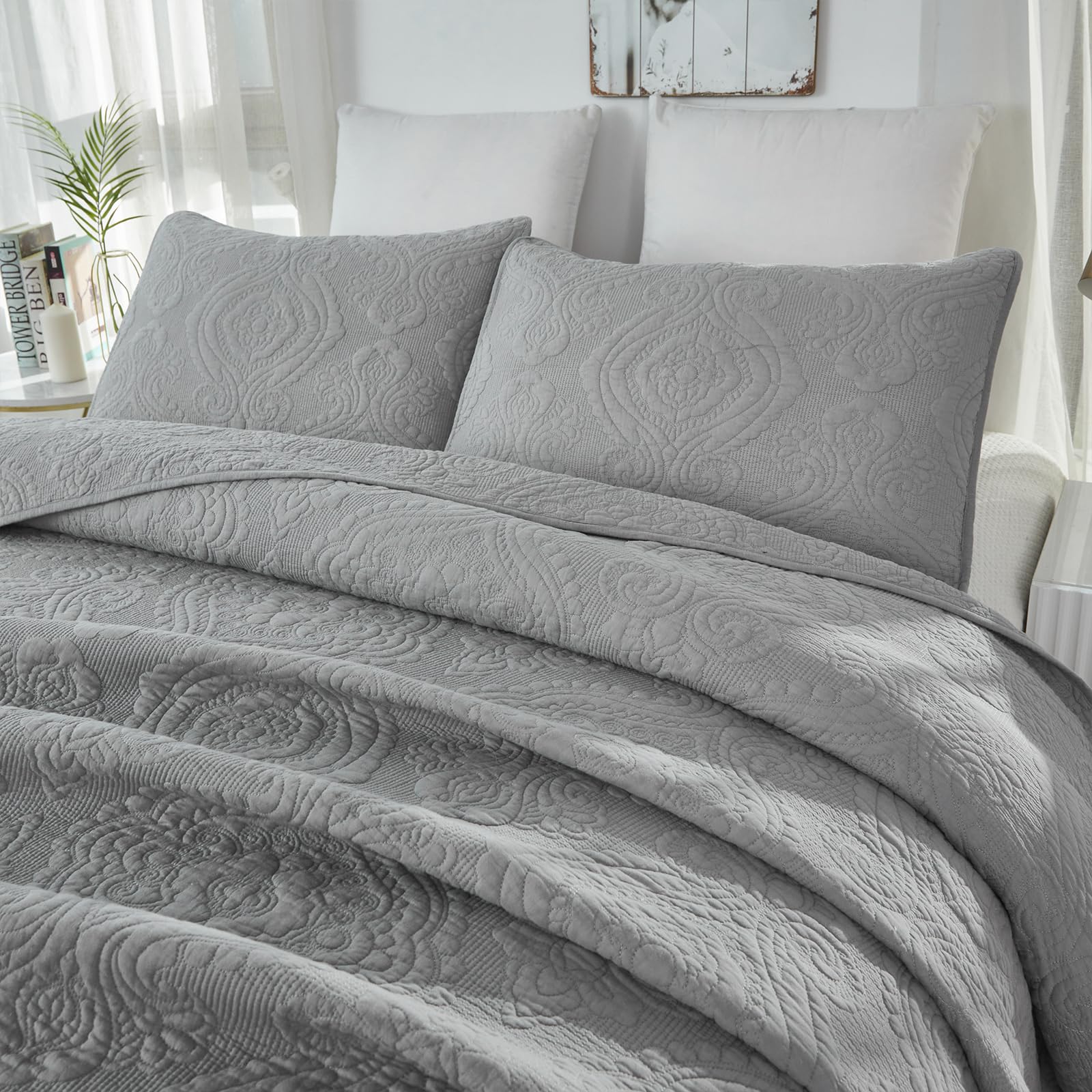 Brandream Queen Size Quilt Set Cotton Luxury Quilted Bedding Set Gray Damask Matelasse Coverlet Set 3 Piece