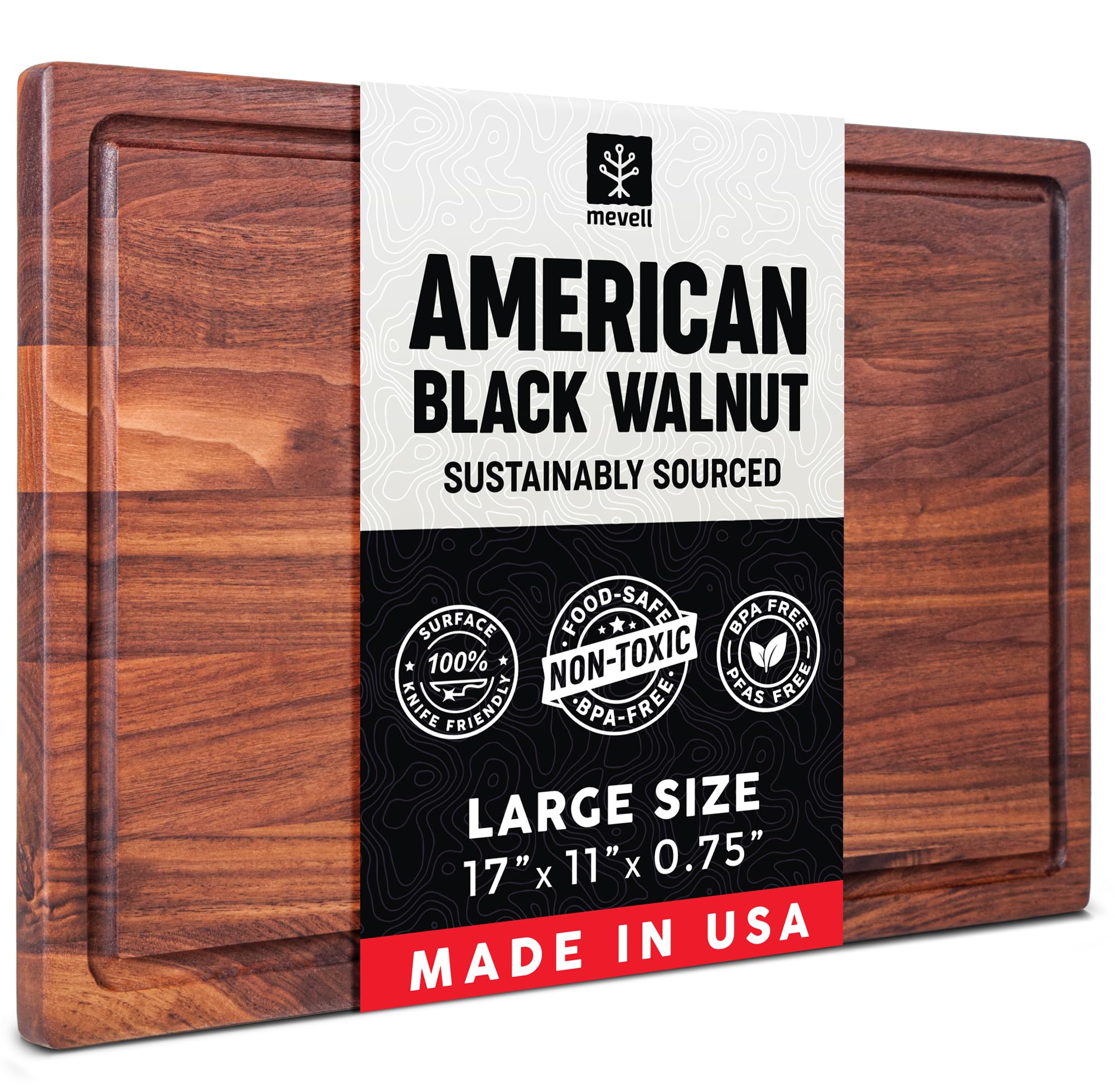 Mevell Walnut Wood Cutting Board for Kitchen, Reversible Wooden Chopping Board With Juice Grooves, Made in Canada (Large 17x11x0.75 Flat Grain)